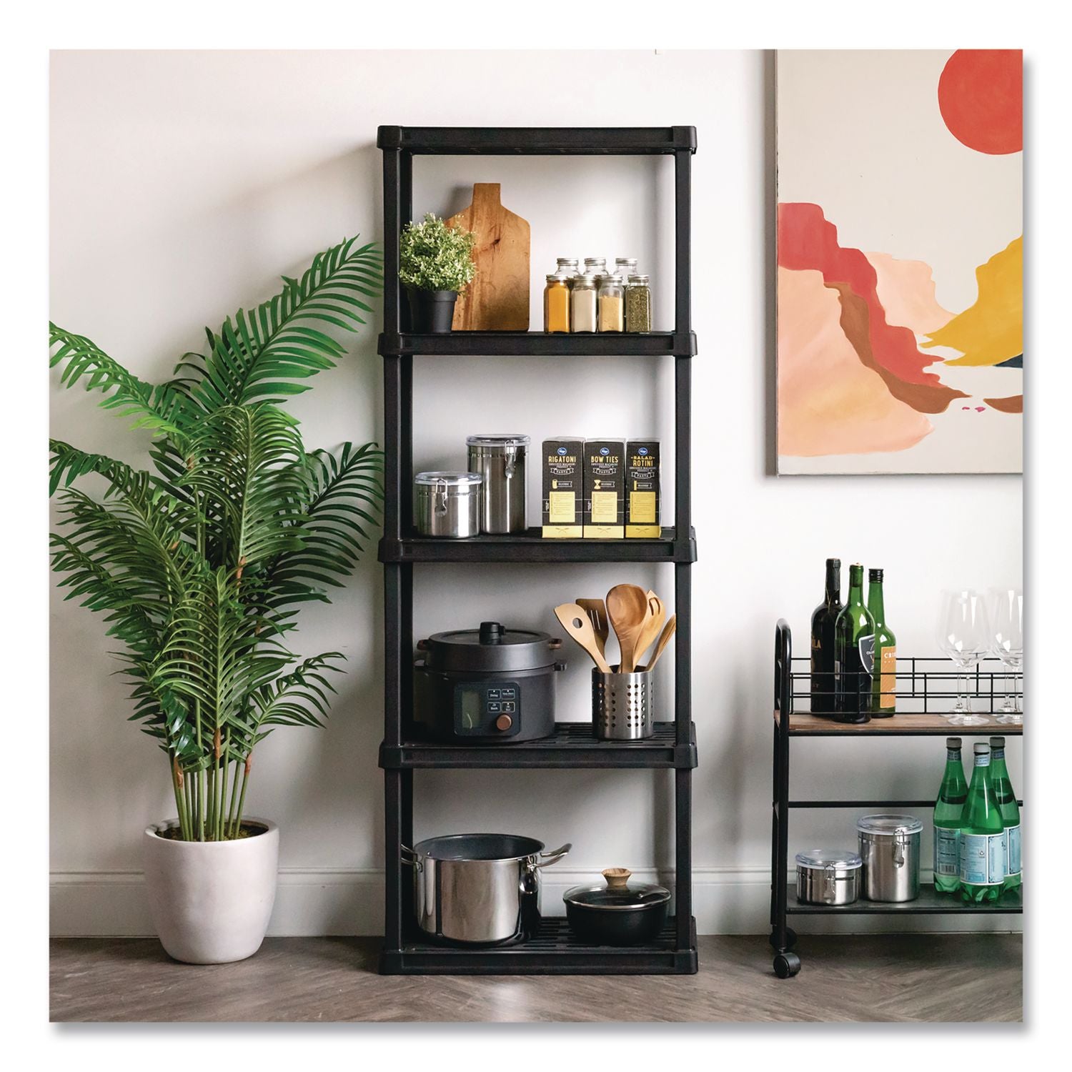 Plastic Shelving Unit, 5 Shelves, 63.9 X 11.8 X 23.9, Black