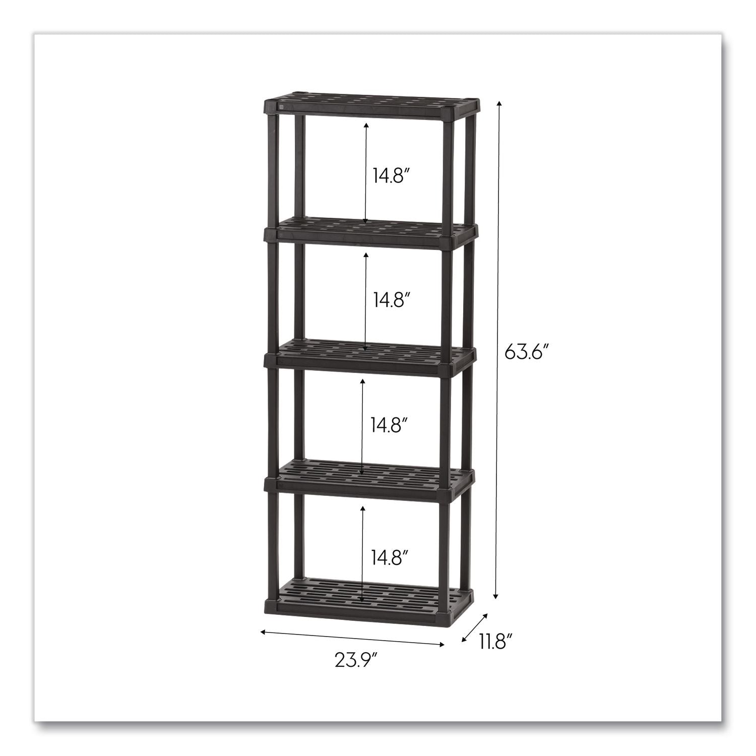 Plastic Shelving Unit, 5 Shelves, 63.9 X 11.8 X 23.9, Black