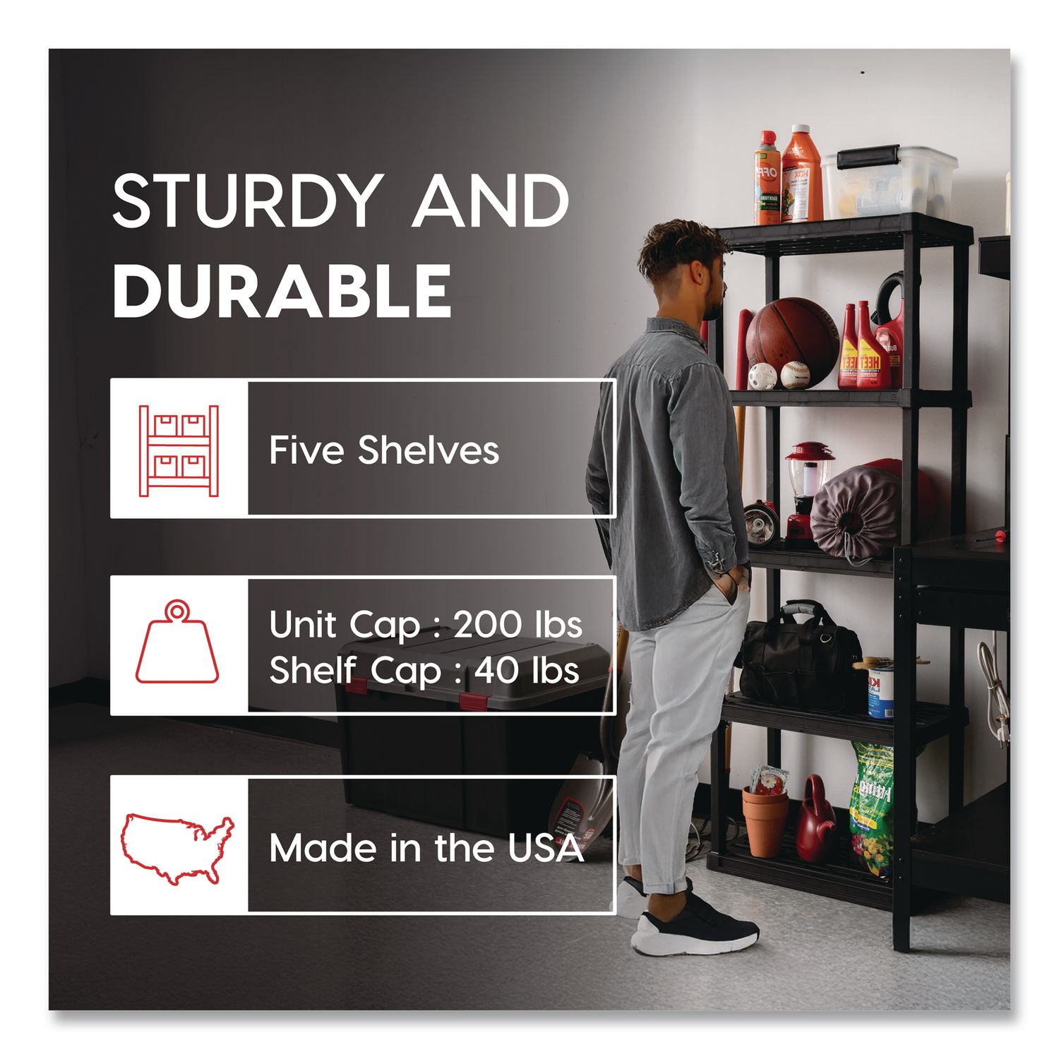Plastic Shelving Unit, 5 Shelves, 63.9 X 11.8 X 23.9, Black