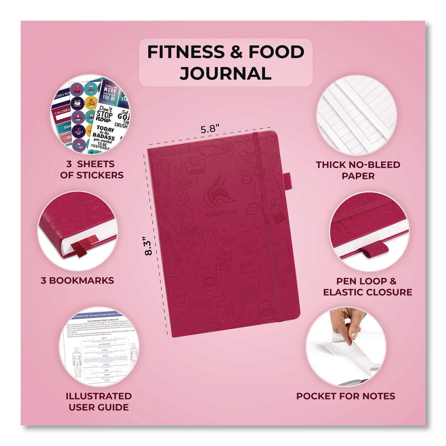 Fitness And Food Journal, 90-Day Daily/Monthly Format, Engraved Health/Athletics Artwork, Fushia Cover, 8.3 X 5.8 Sheets