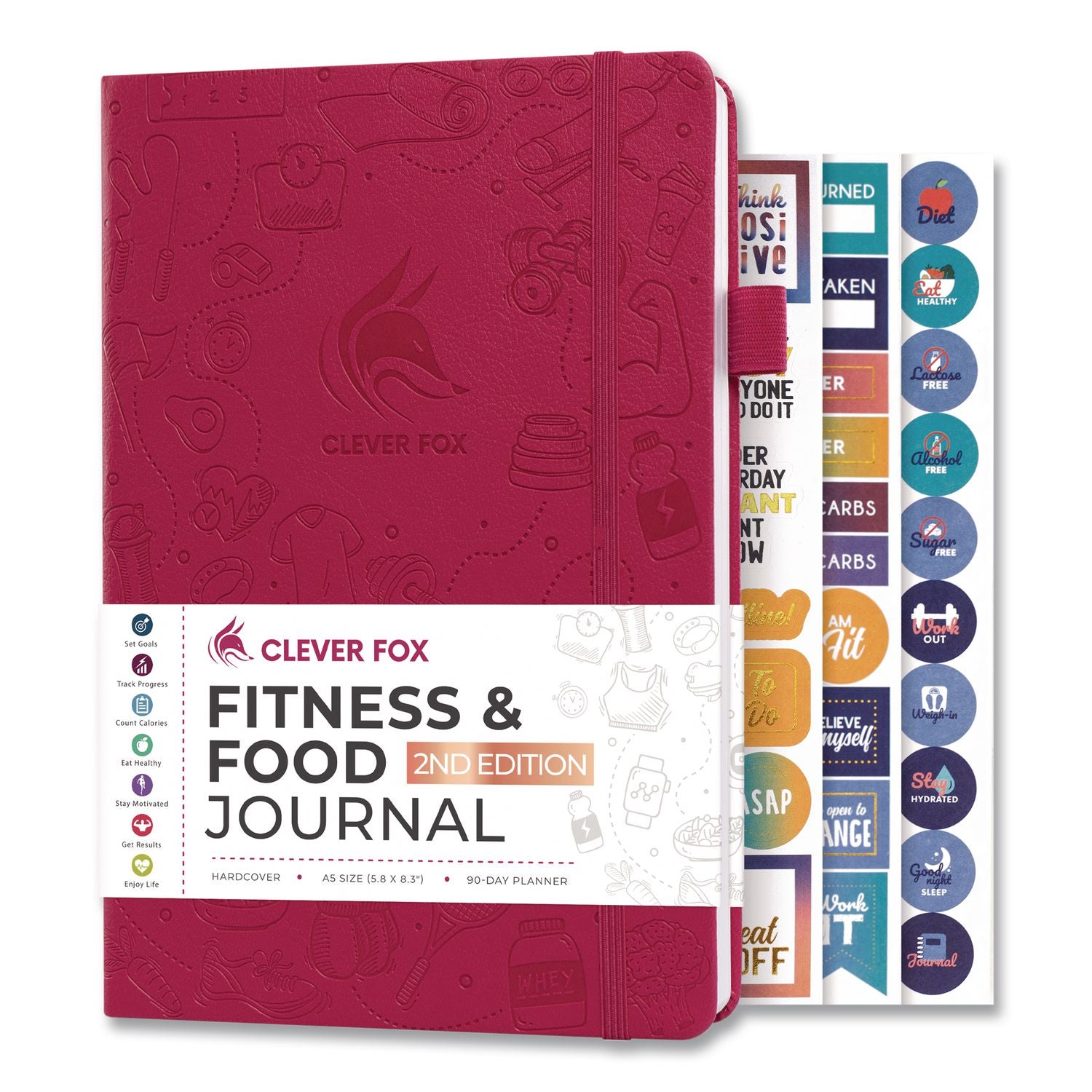 Fitness And Food Journal, 90-Day Daily/Monthly Format, Engraved Health/Athletics Artwork, Fushia Cover, 8.3 X 5.8 Sheets