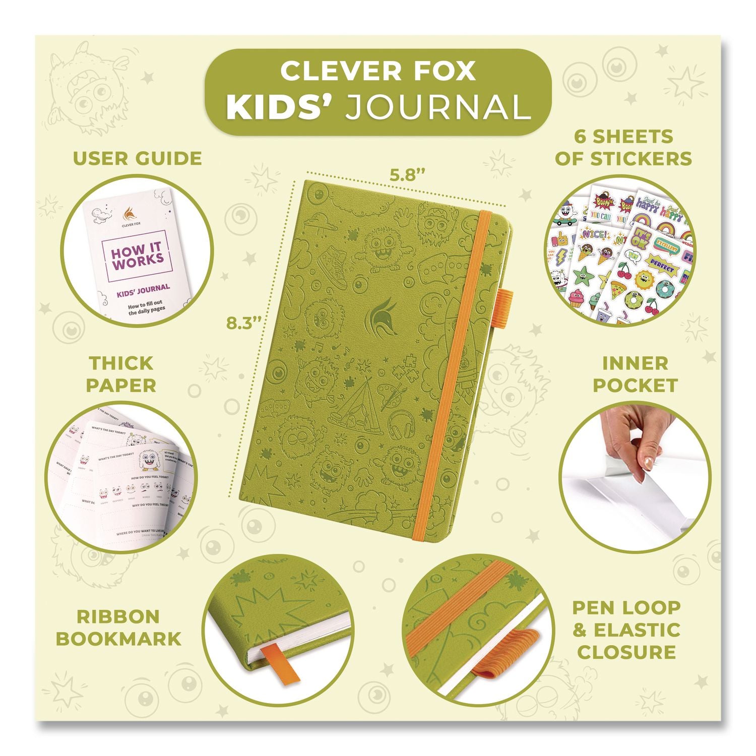 Kids' Guided Journal, Undated 14-Week Format, Engraved Fun Character/Activity Artwork, Apple Green Cover, 8.3 X 5.8 Sheets