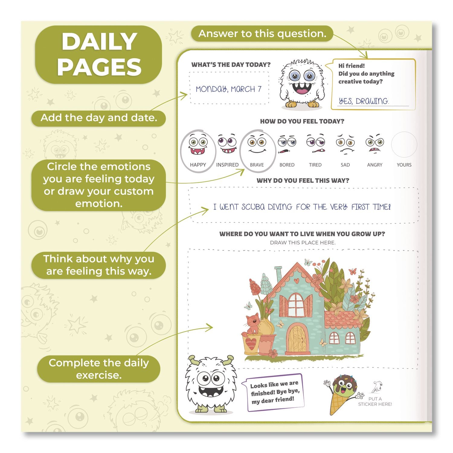Kids' Guided Journal, Undated 14-Week Format, Engraved Fun Character/Activity Artwork, Apple Green Cover, 8.3 X 5.8 Sheets