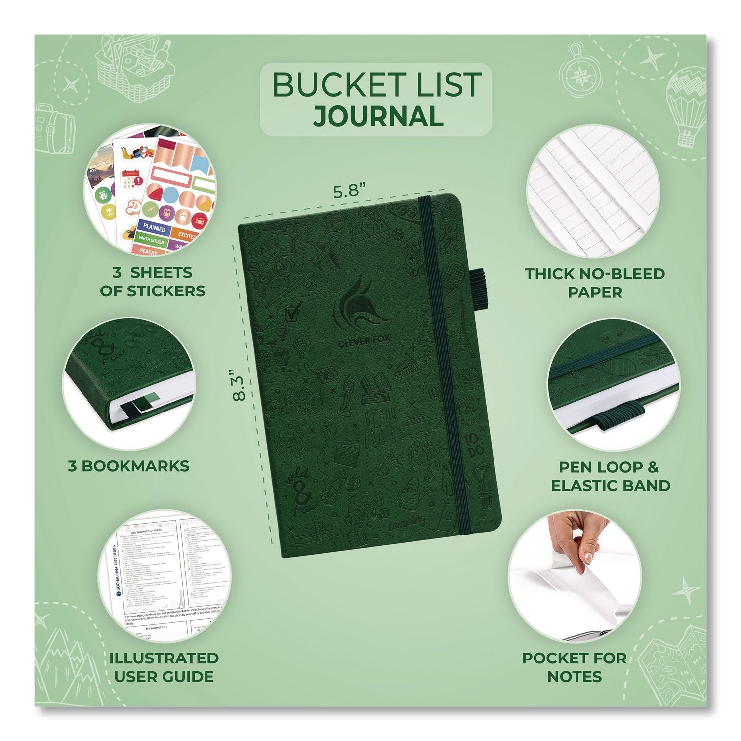 Bucket List Journal, 100 Entries With Before/After Pages, Engraved Adventure Artwork, Forest Green Cover, 8.3 X 5.8 Sheets