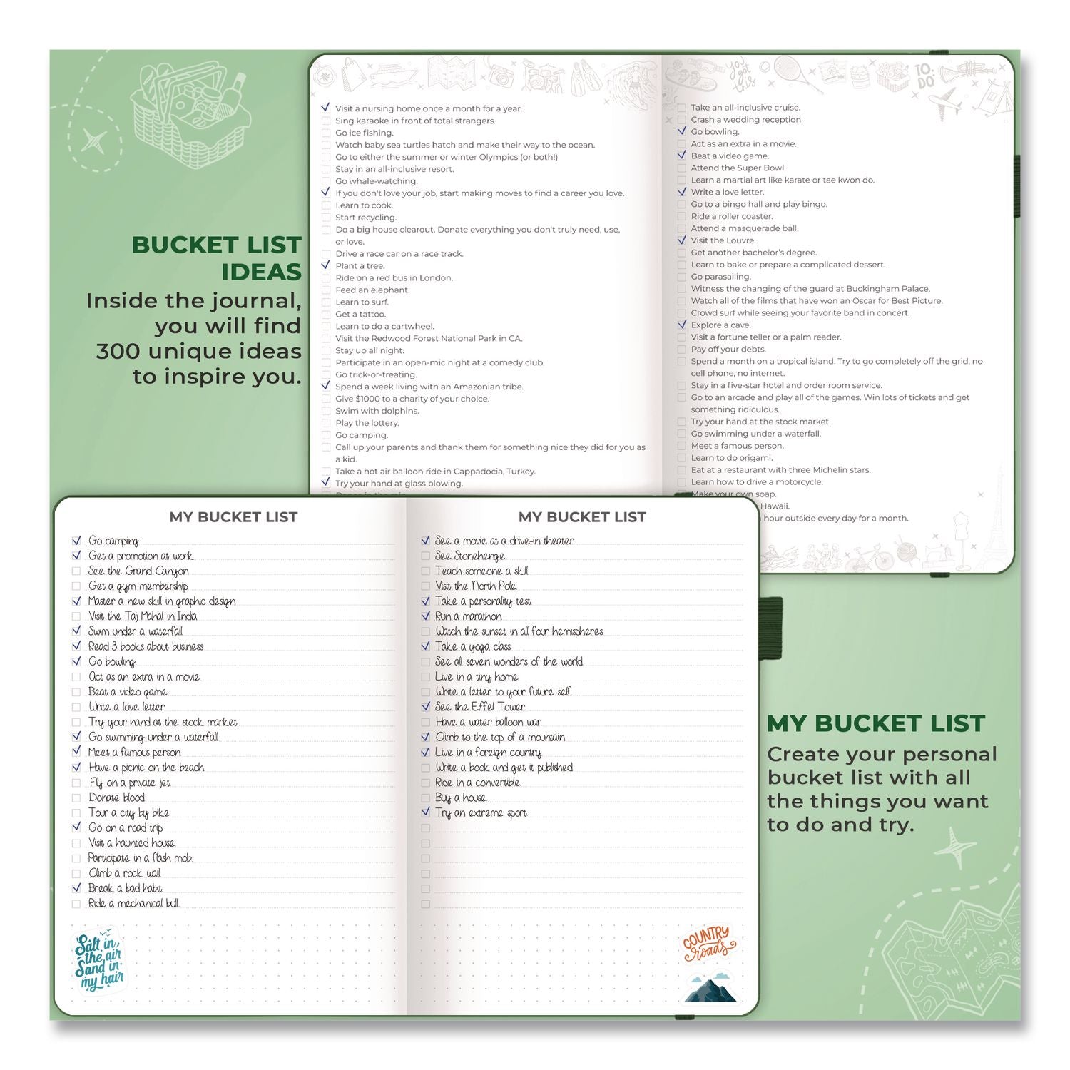 Bucket List Journal, 100 Entries With Before/After Pages, Engraved Adventure Artwork, Forest Green Cover, 8.3 X 5.8 Sheets