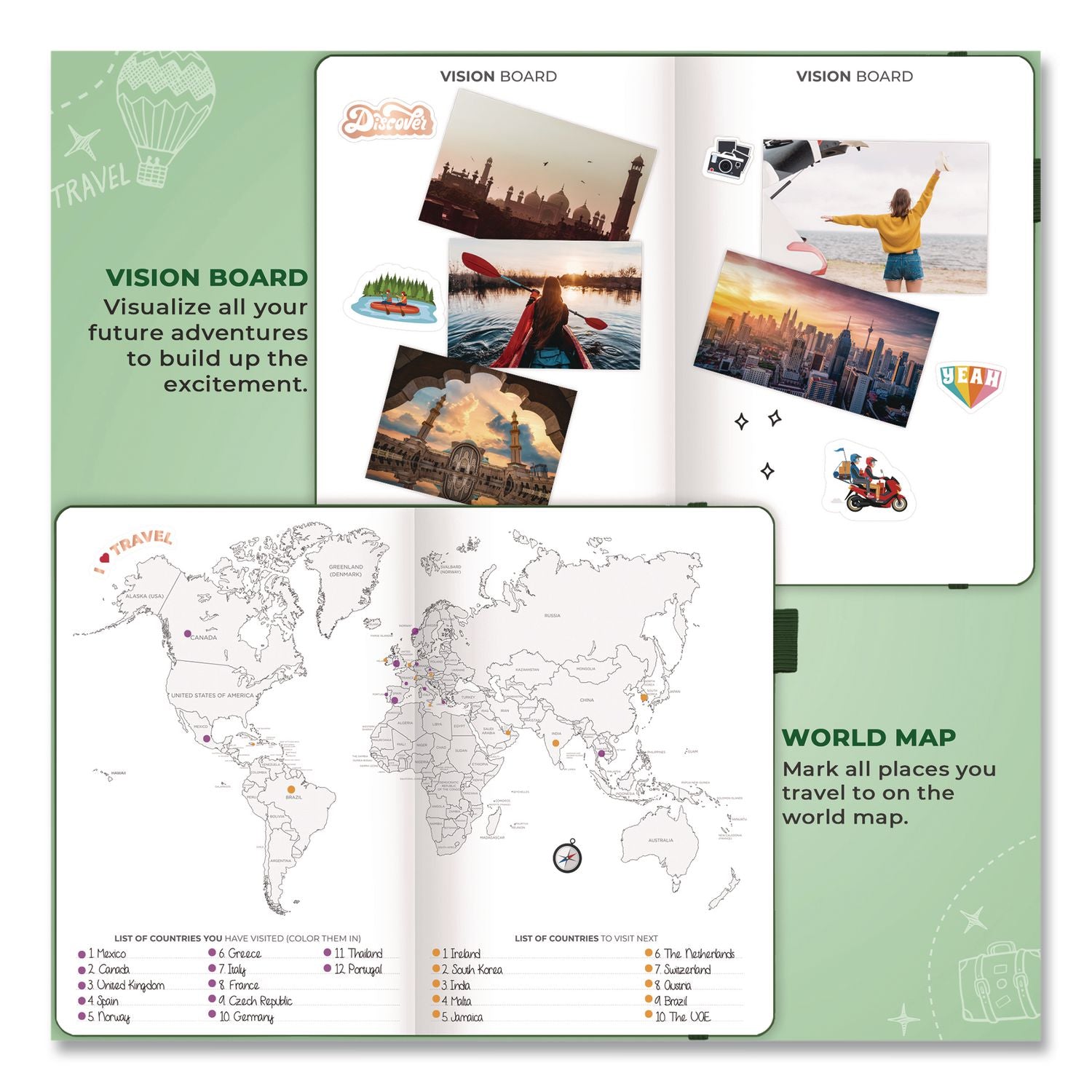 Bucket List Journal, 100 Entries With Before/After Pages, Engraved Adventure Artwork, Forest Green Cover, 8.3 X 5.8 Sheets