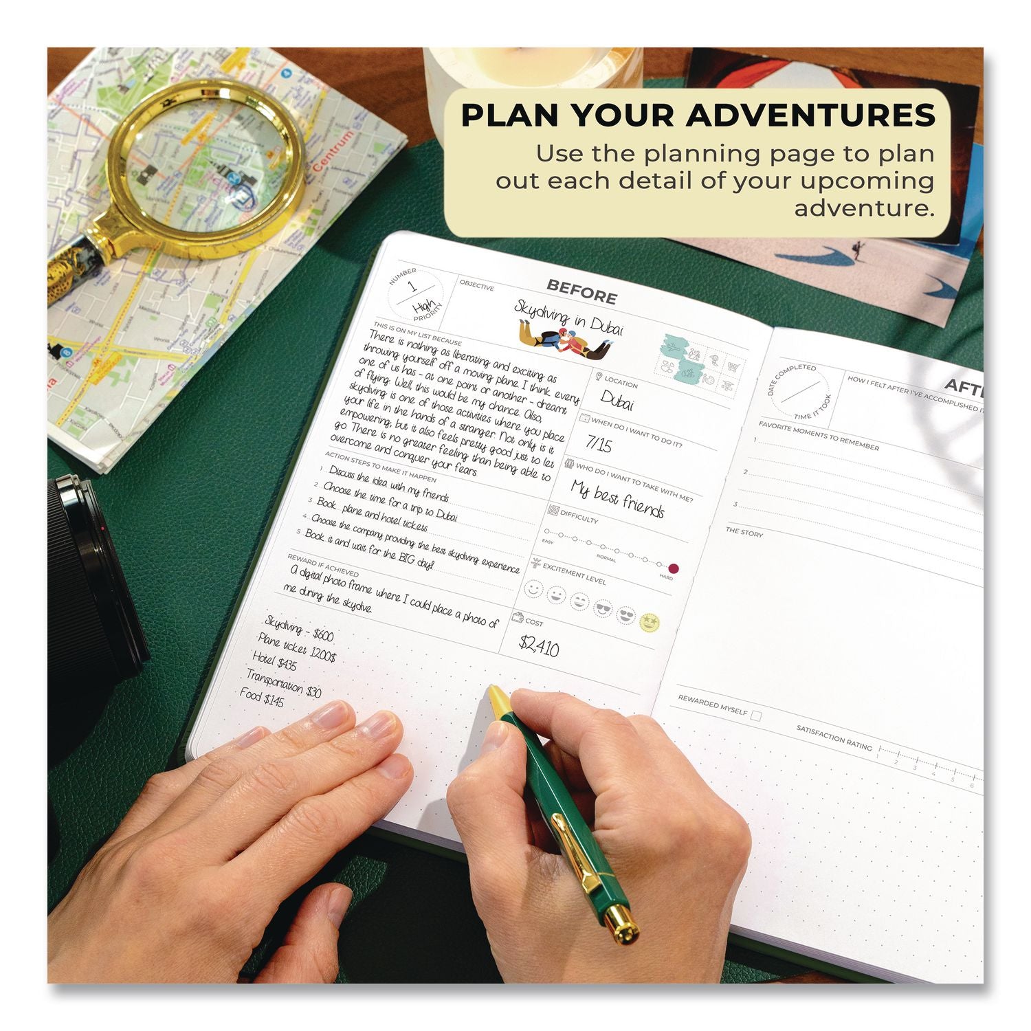 Bucket List Journal, 100 Entries With Before/After Pages, Engraved Adventure Artwork, Forest Green Cover, 8.3 X 5.8 Sheets