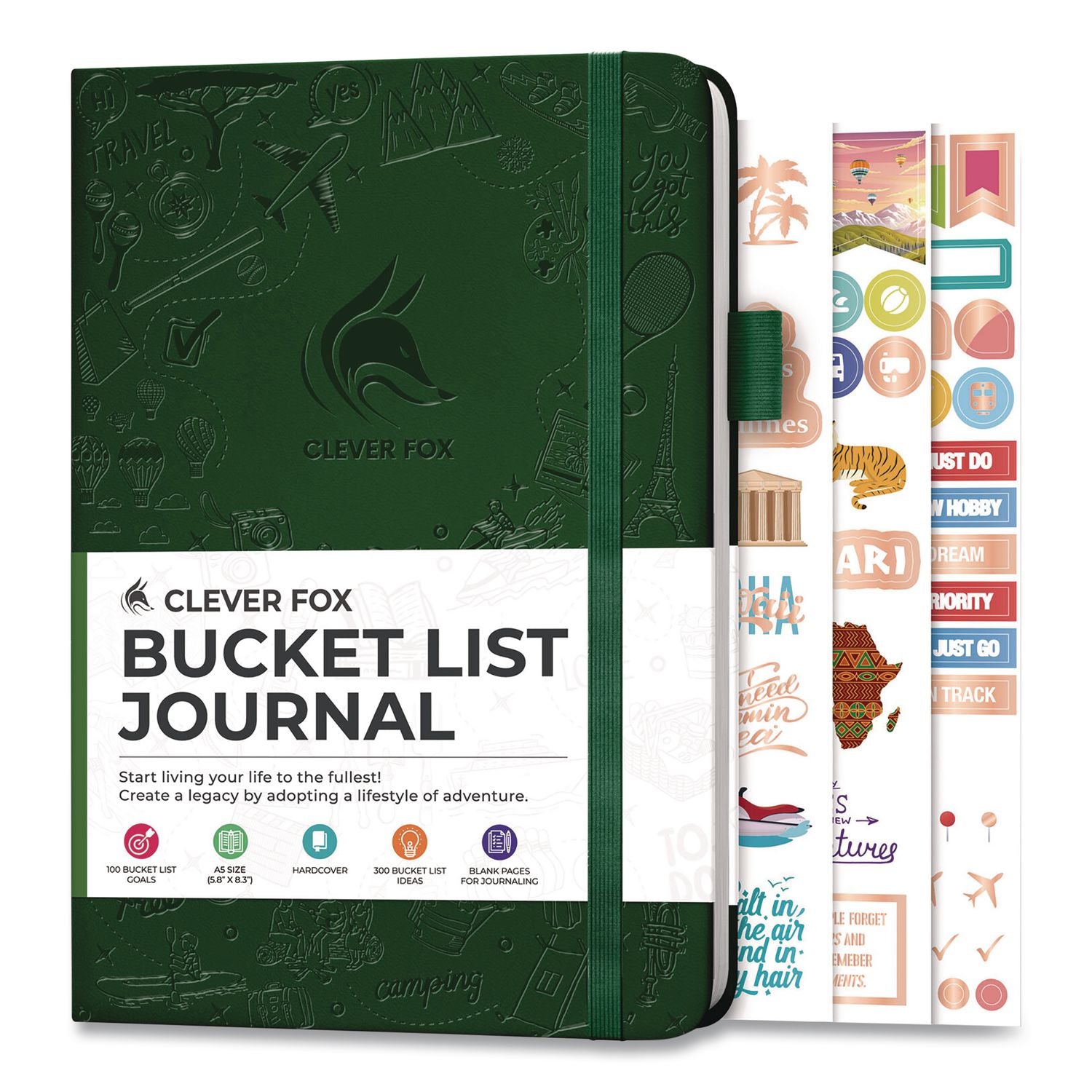 Bucket List Journal, 100 Entries With Before/After Pages, Engraved Adventure Artwork, Forest Green Cover, 8.3 X 5.8 Sheets
