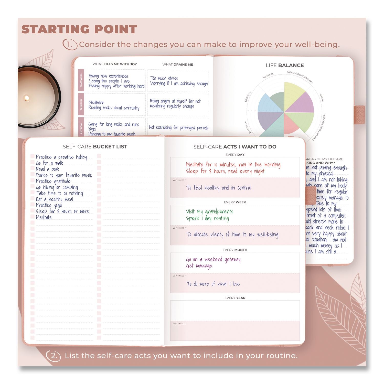 Self-Care Journal, Undated 90-Day Daily/Weekly/Monthly Format, Light Pink Cover, 8.3 X 5.8 Sheets