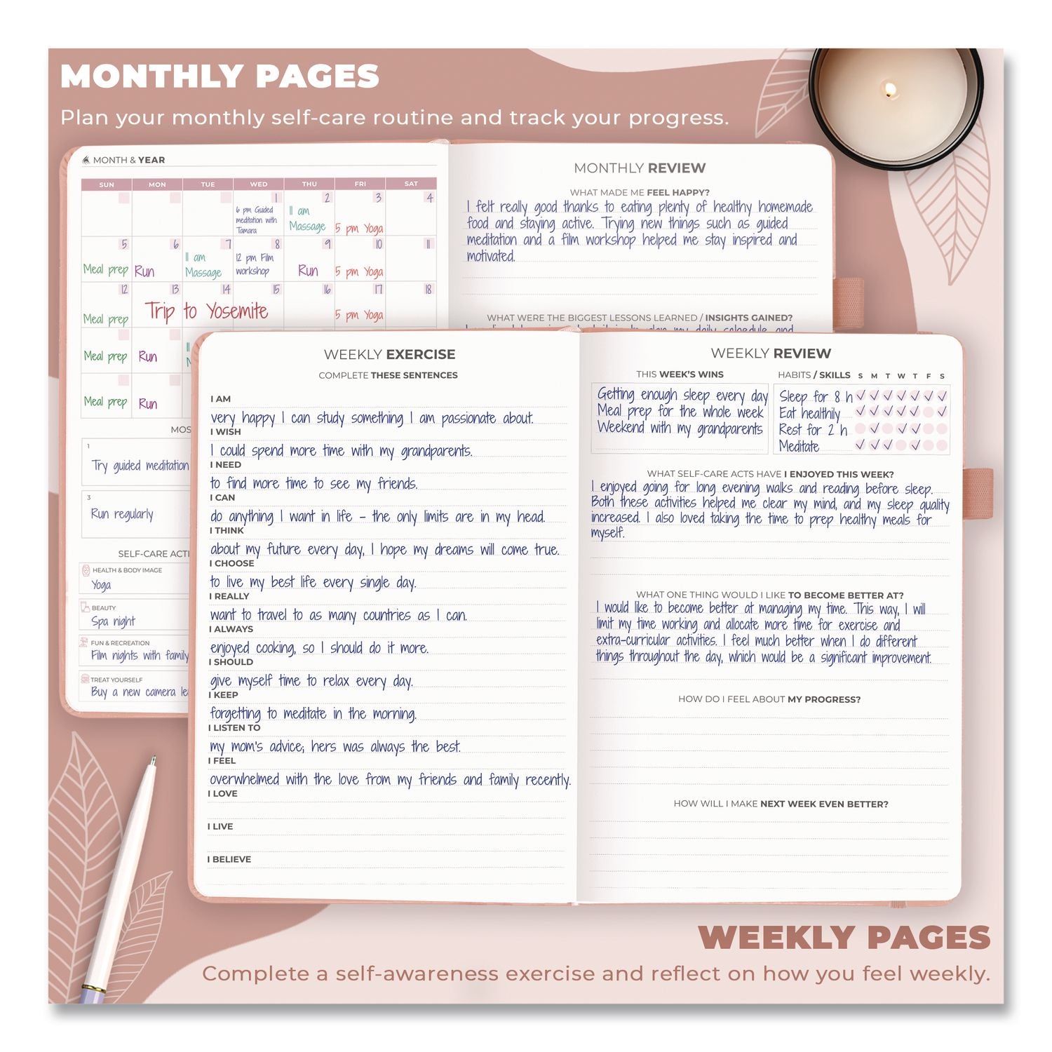Self-Care Journal, Undated 90-Day Daily/Weekly/Monthly Format, Light Pink Cover, 8.3 X 5.8 Sheets
