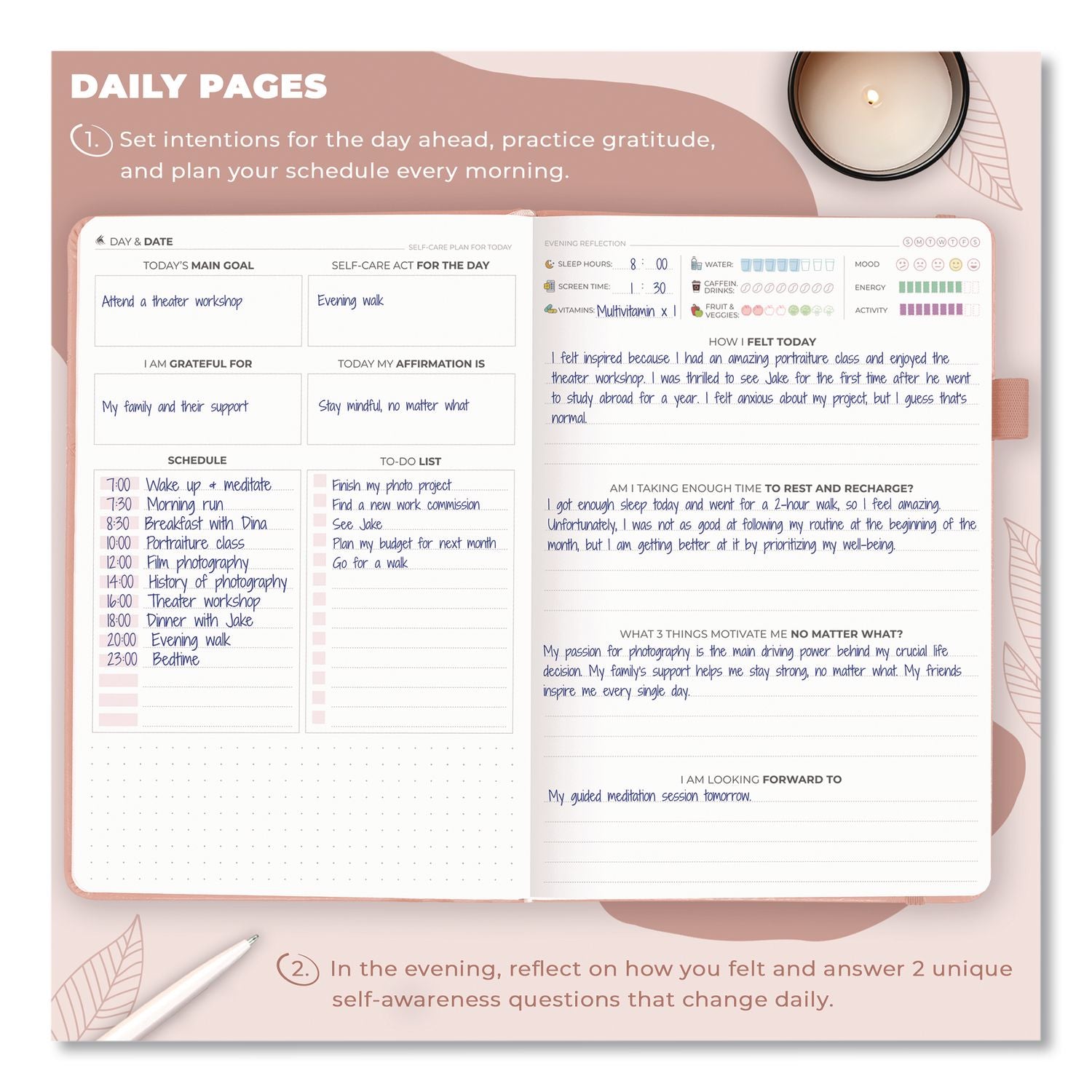 Self-Care Journal, Undated 90-Day Daily/Weekly/Monthly Format, Light Pink Cover, 8.3 X 5.8 Sheets