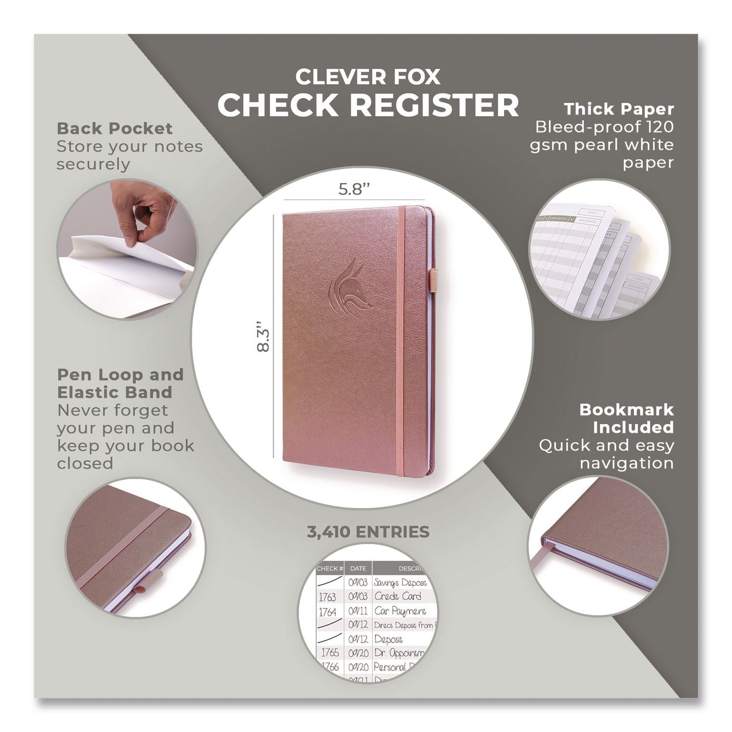 Check Register Book, 8 Columns, Rose Gold Cover, 55 Sheets/Book