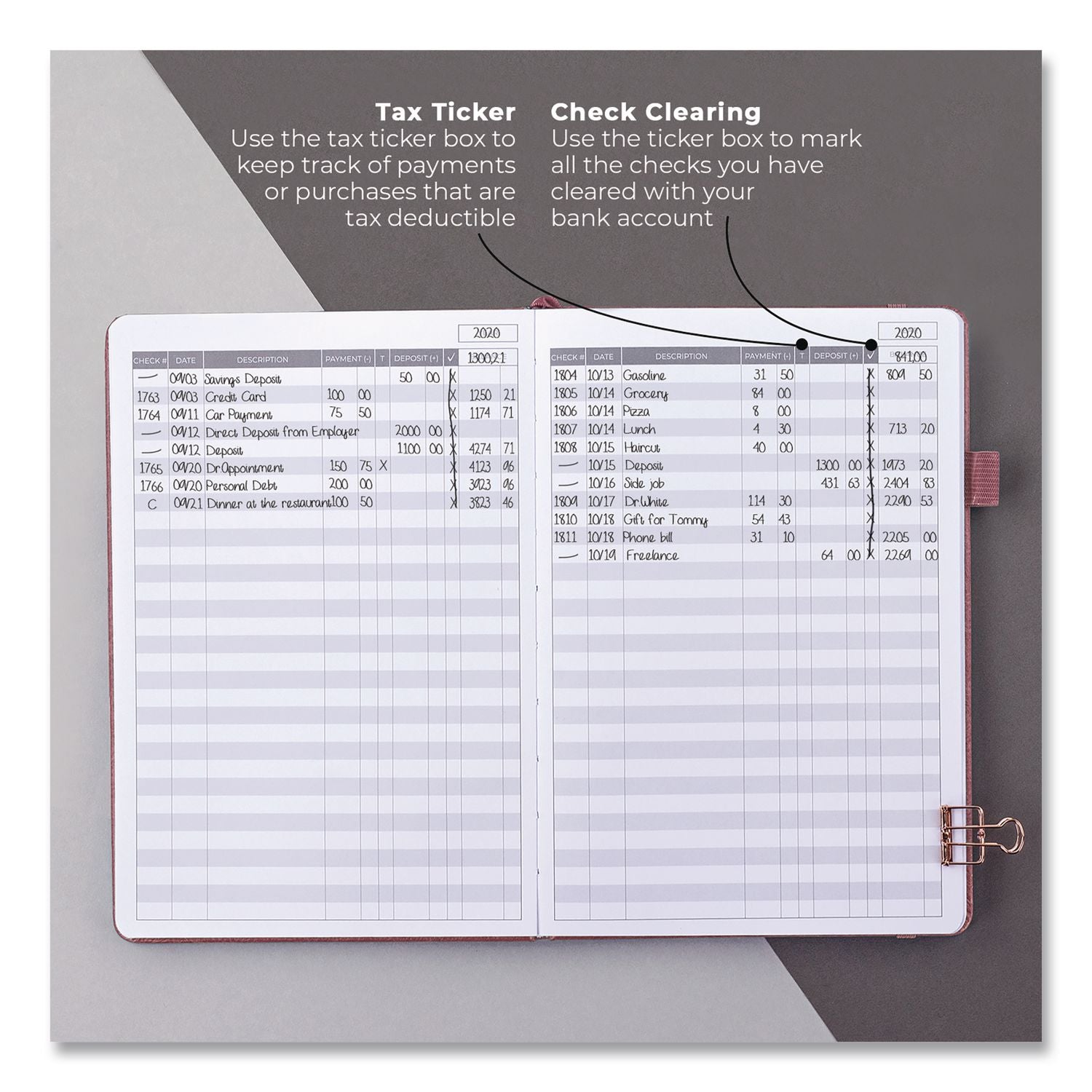 Check Register Book, 8 Columns, Rose Gold Cover, 55 Sheets/Book
