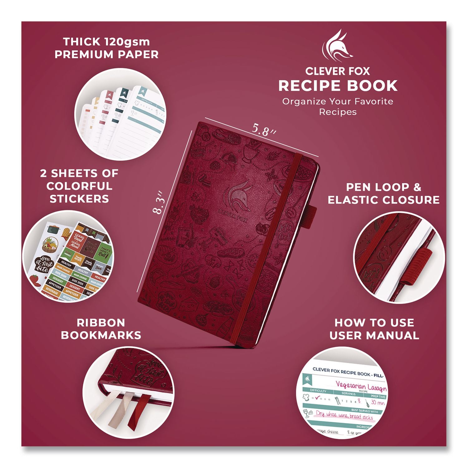 Recipe Book, Customizable Space For 60 Recipes, Engraved Food And Kitchen Artwork, Burgundy Cover, 8.3 X 5.8 Sheets