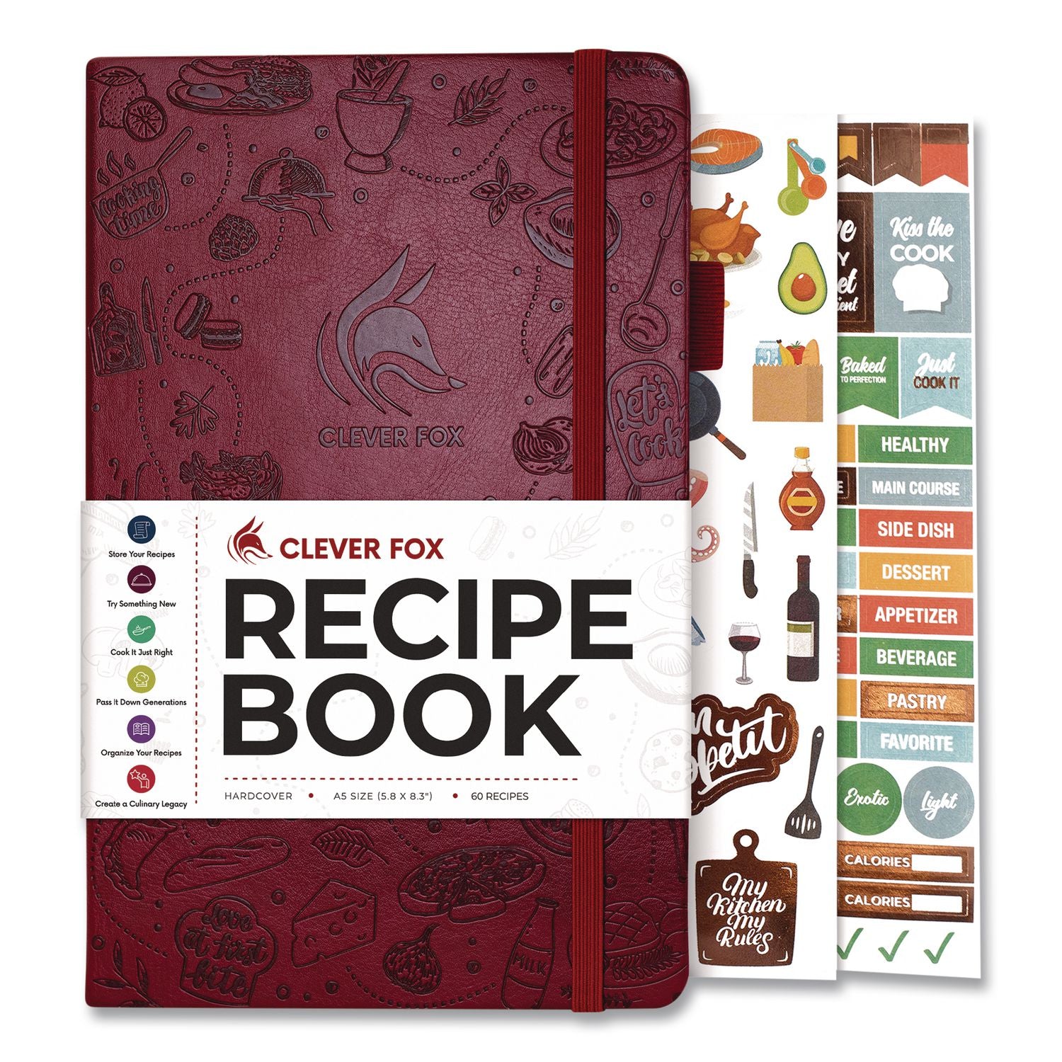 Recipe Book, Customizable Space For 60 Recipes, Engraved Food And Kitchen Artwork, Burgundy Cover, 8.3 X 5.8 Sheets