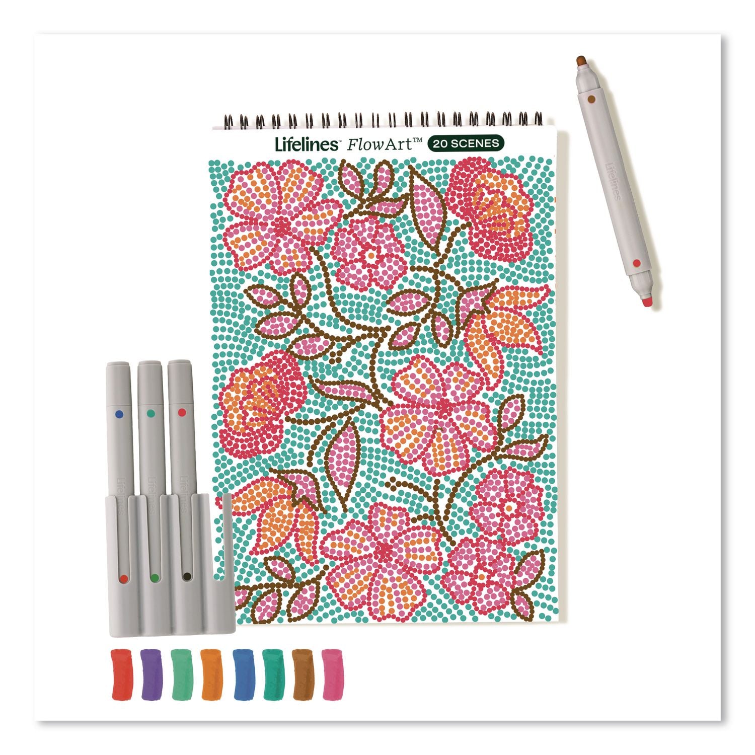 Flowart Dot-By-Letter Coloring Book, Botanic, With 4 Double-Sided Markers, All Ages, 20 Sheets