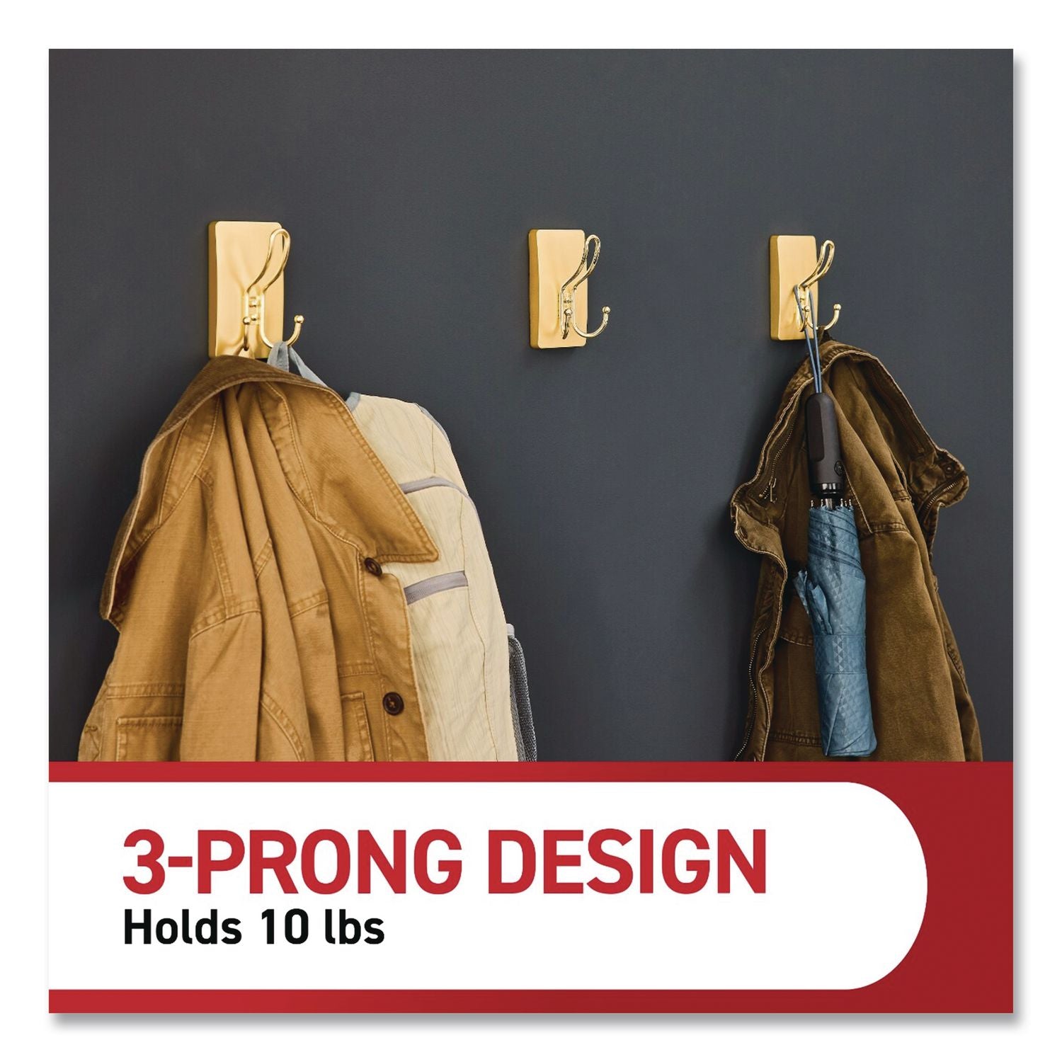 Decorative X-Large Triple Hooks, Plastic, Satin Brass, Supports 10 Lb, 2/Pack