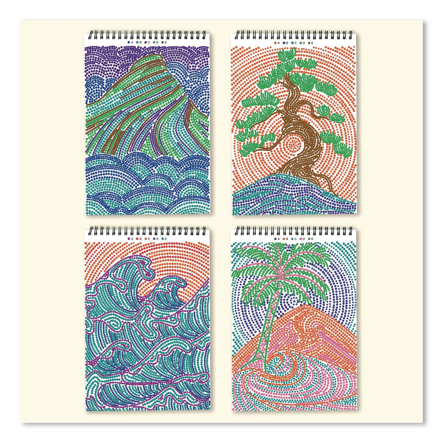 Flowart Dot-By-Letter Coloring Book, Landscapes, With 4 Double-Sided Markers, All Ages, 20 Pages