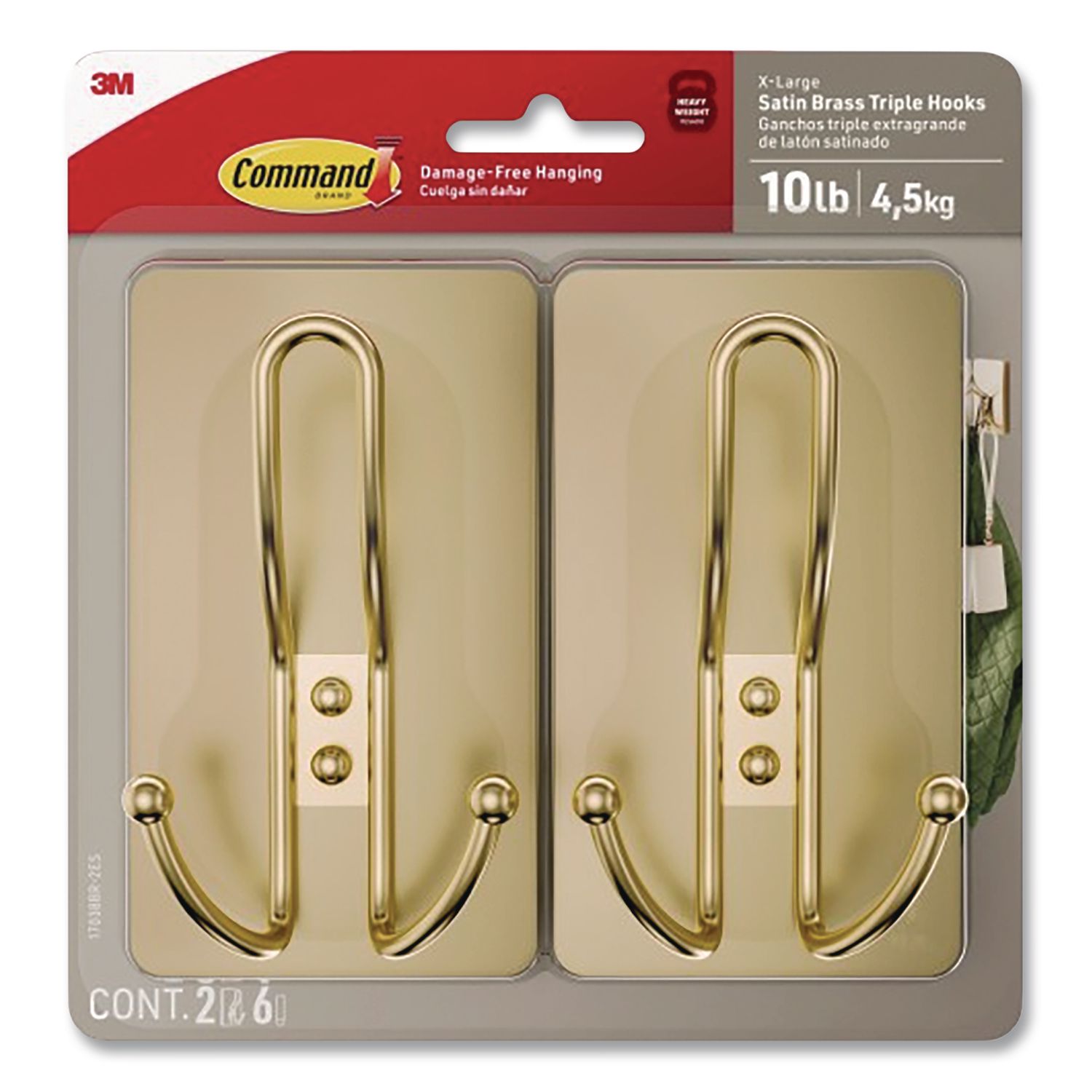 Decorative X-Large Triple Hooks, Plastic, Satin Brass, Supports 10 Lb, 2/Pack