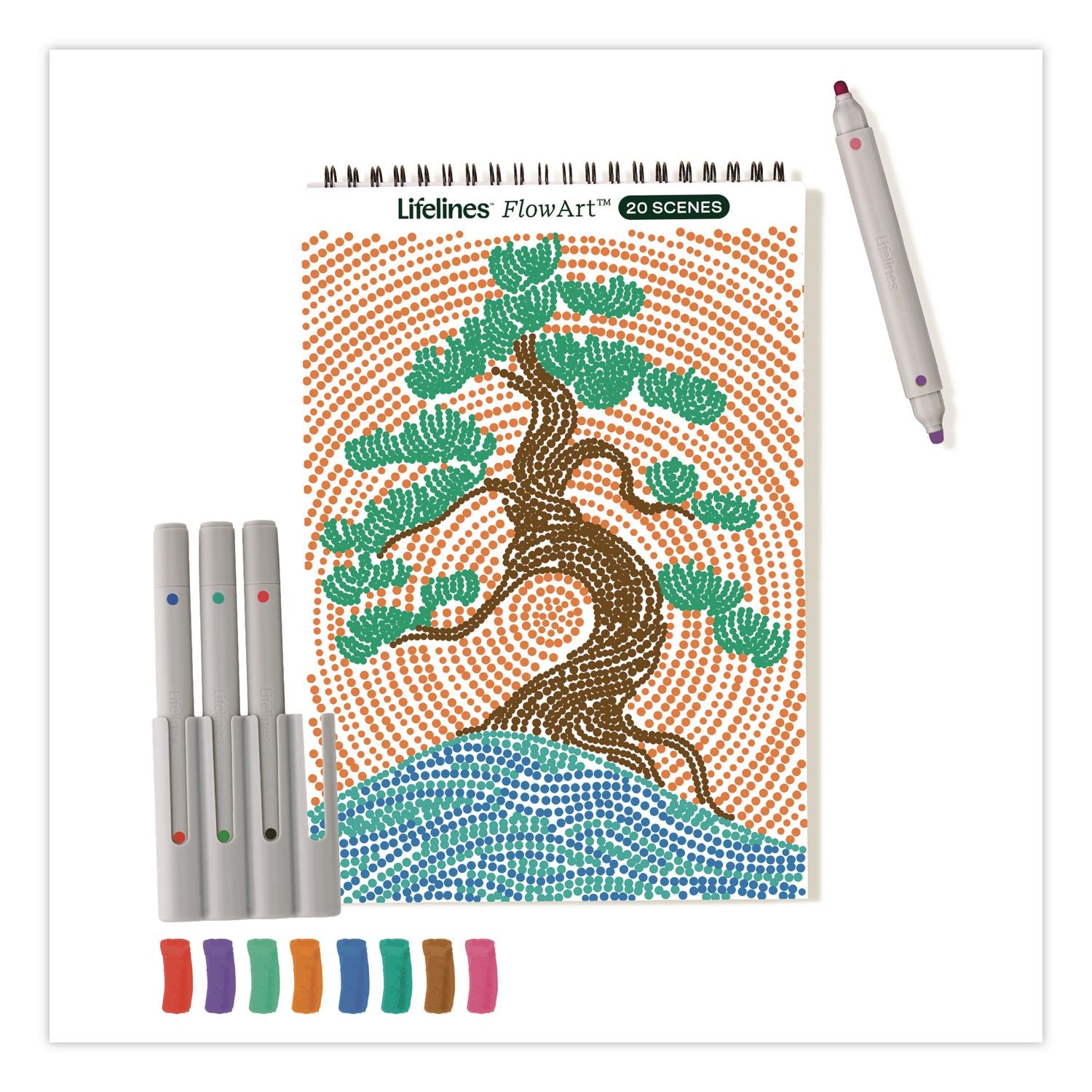 Flowart Dot-By-Letter Coloring Book, Landscapes, With 4 Double-Sided Markers, All Ages, 20 Pages