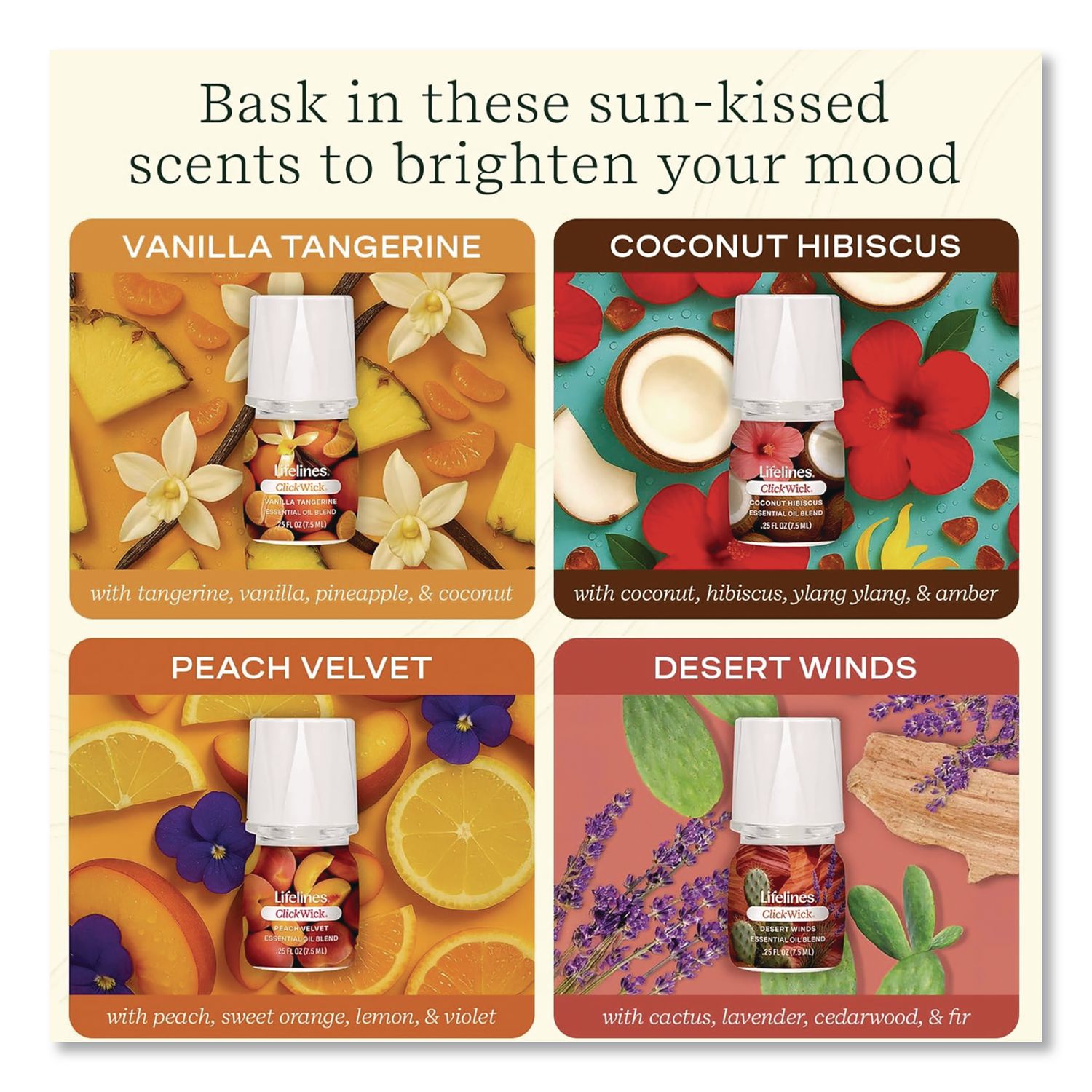 Clickwick Sunkissed Escape Essential Oil Set, Coconut Hibiscus/Desert Winds/Peach Velvet/Vanilla Tangerine, 0.25 Oz Bottle