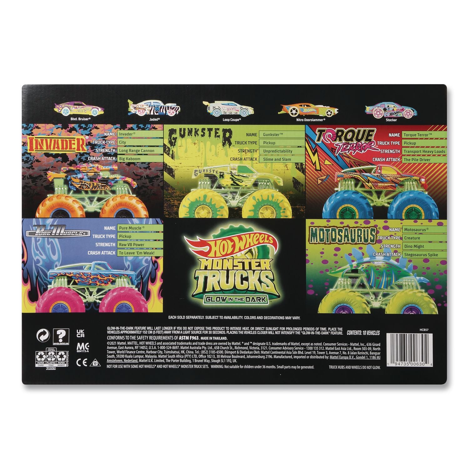 Hot Wheels Monster Trucks Glow-In-The-Dark Collection, Ages 4 To 8, 10 Pieces