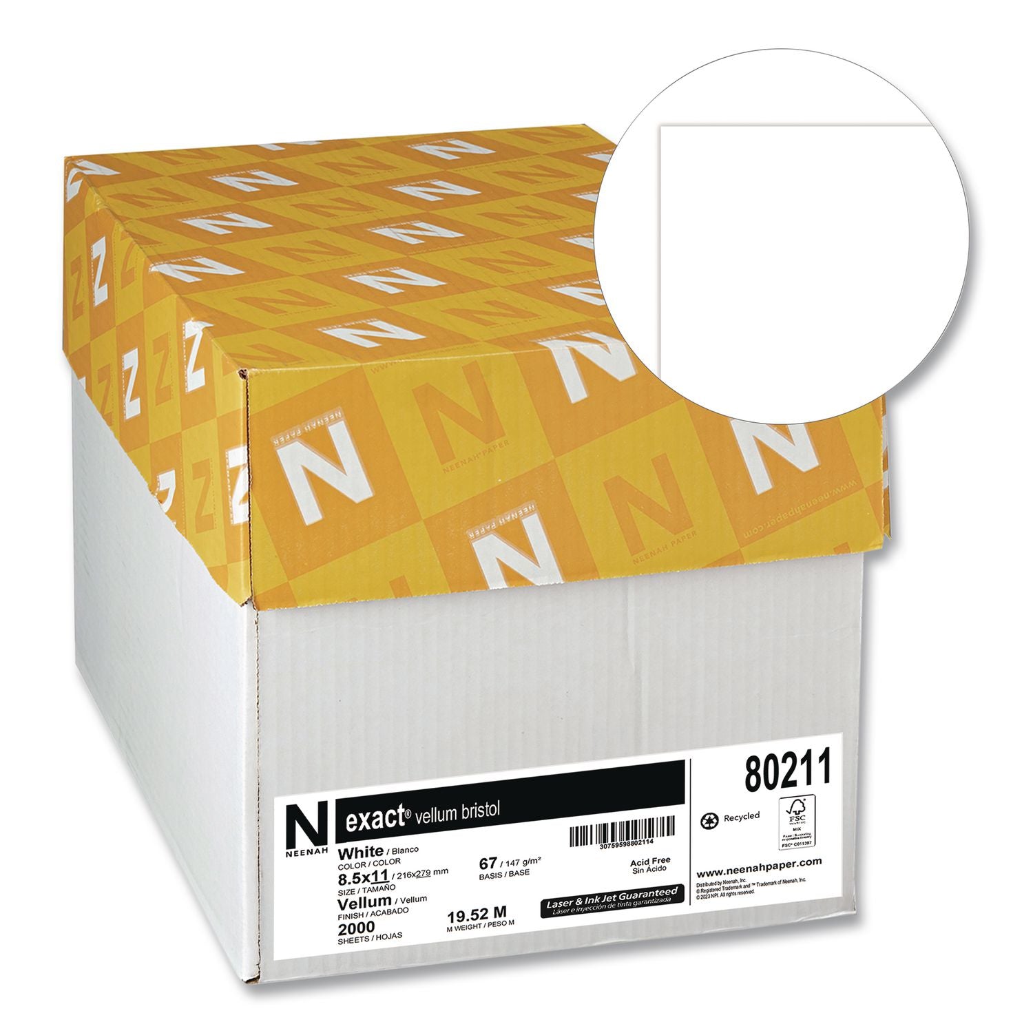 Exact Vellum Bristol, 67 Lb Bristol, 8.5 X 11, White, 250 Sheets/Ream, 8 Reams/Carton