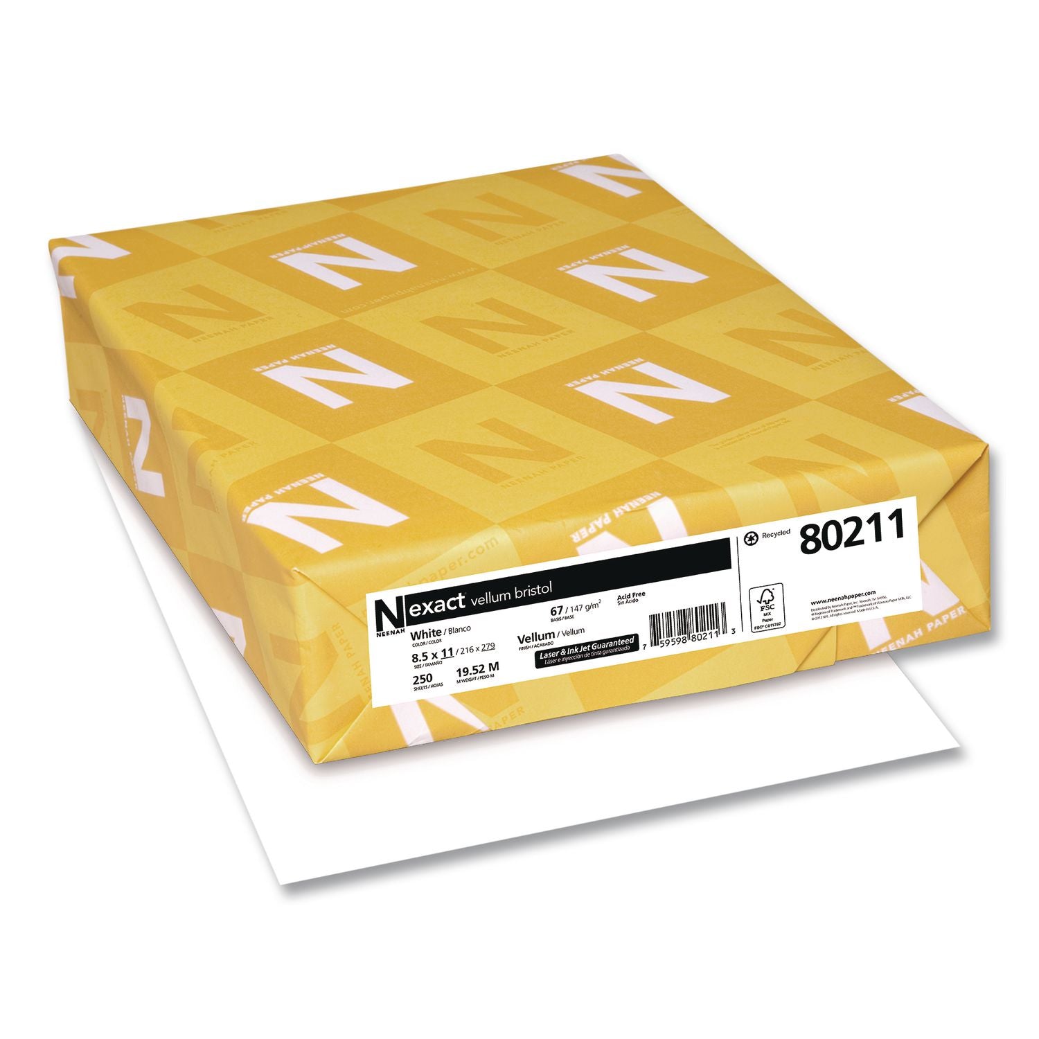 Exact Vellum Bristol, 67 Lb Bristol, 8.5 X 11, White, 250 Sheets/Ream, 8 Reams/Carton