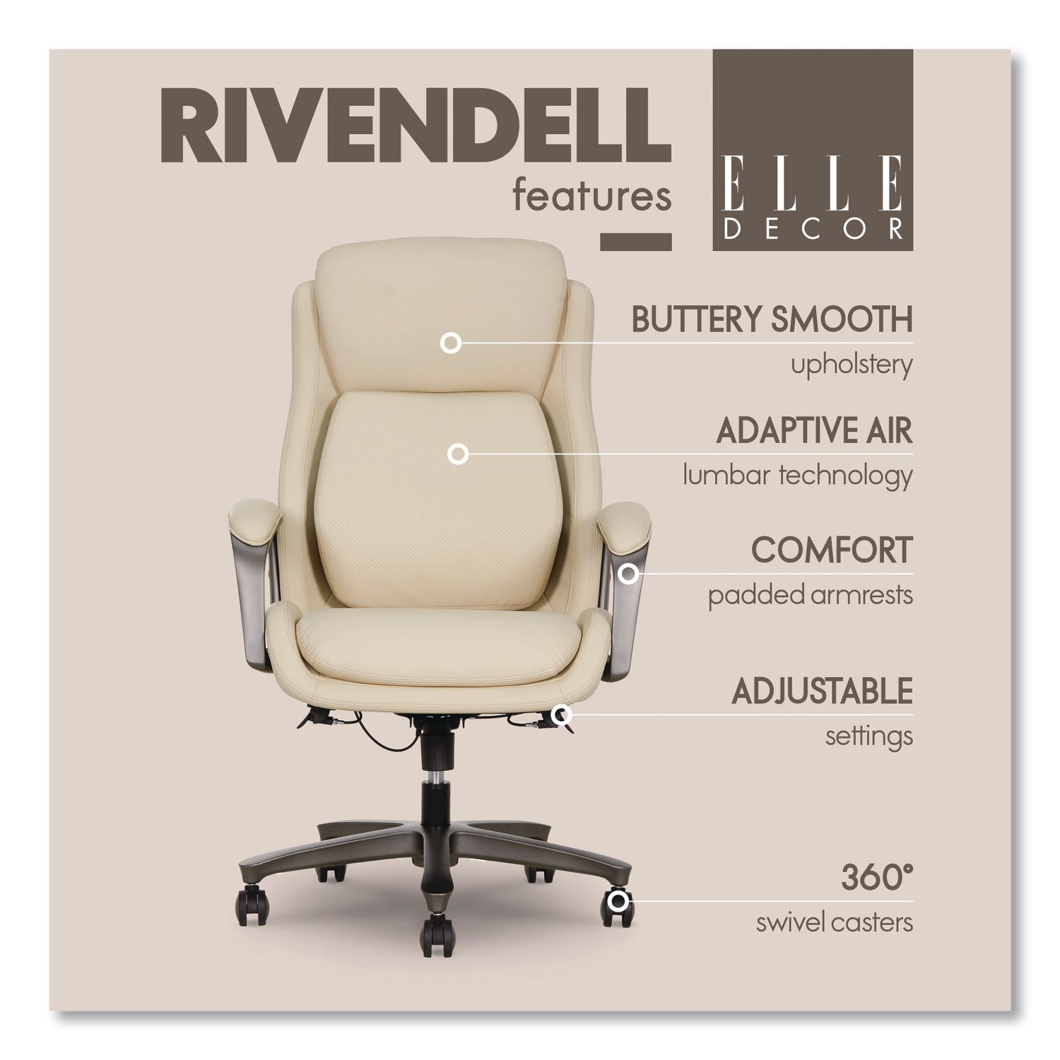 Rivendell AIR Lumbar Ergonomic Executive Office Chair, Supports 275 Lb, 18.75" To 22.5" Seat Height, Cream Seat/Back, Gray Base