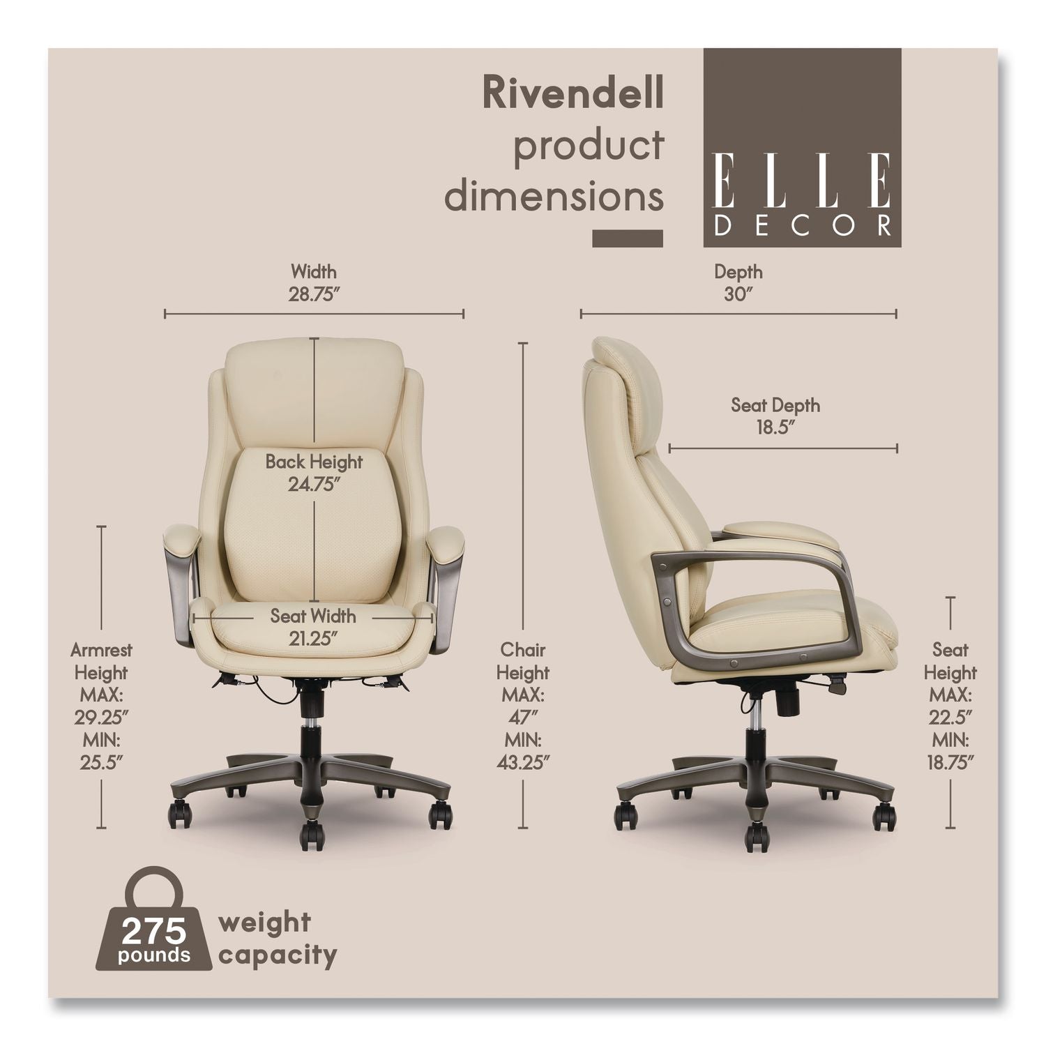 Rivendell AIR Lumbar Ergonomic Executive Office Chair, Supports 275 Lb, 18.75" To 22.5" Seat Height, Cream Seat/Back, Gray Base