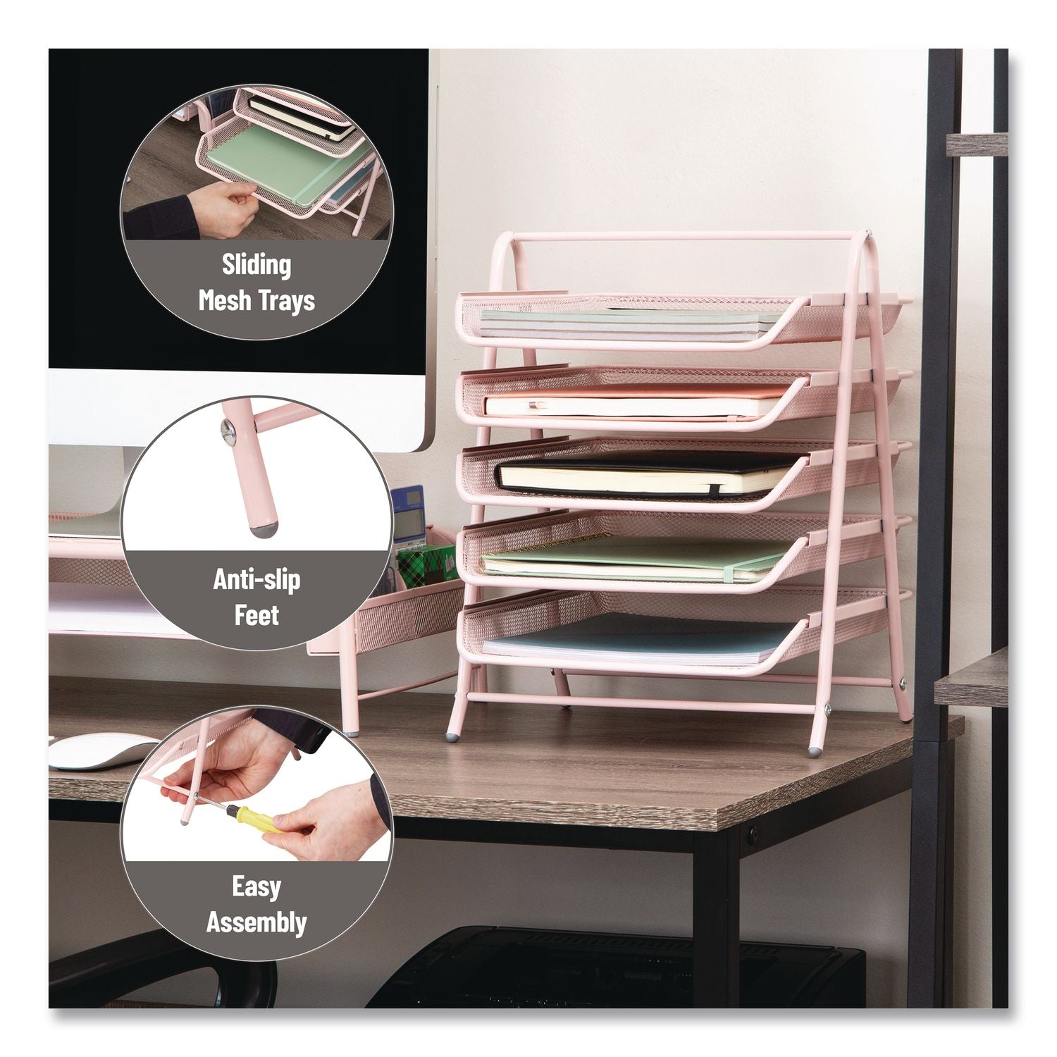 Tiered Metal Mesh Desk Tray Organizer, 5-Tier, Letter Size, 14 X 11.75 X 14.5, Pink