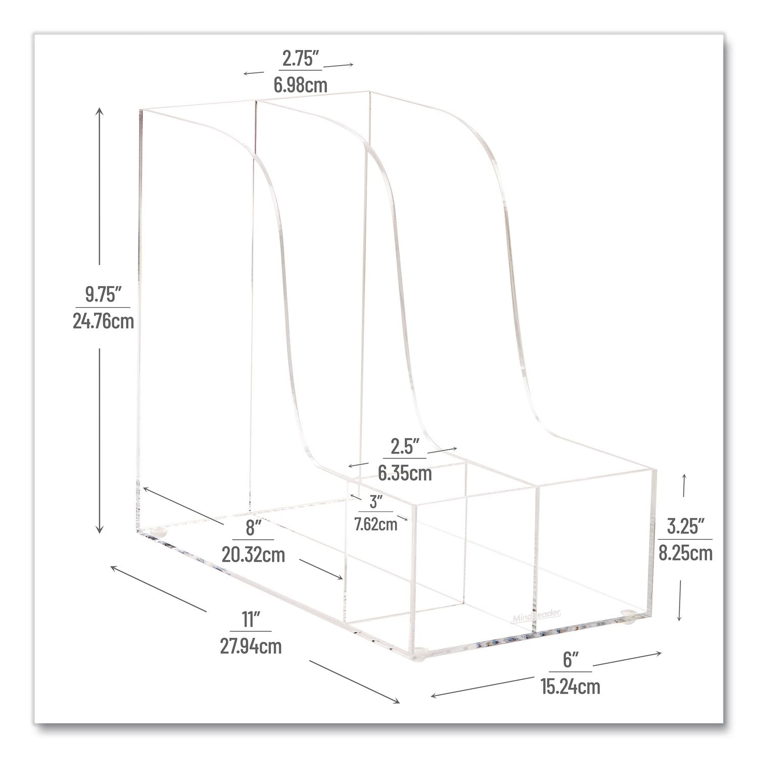 3-Compartment Desk Organizer, 6 X 11 X 9.75, Clear, Acrylic