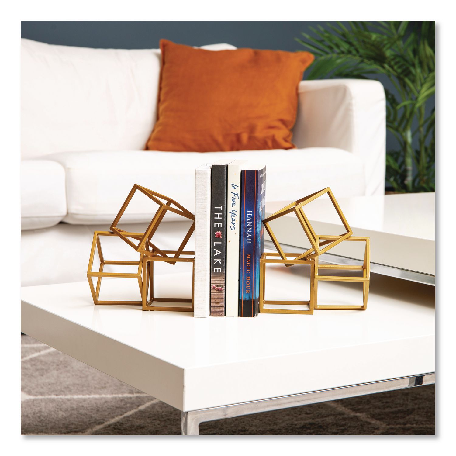Geometric Cube Metal Bookends, Nonskid Base, 4.25 X 6 X 6, Iron, Gold