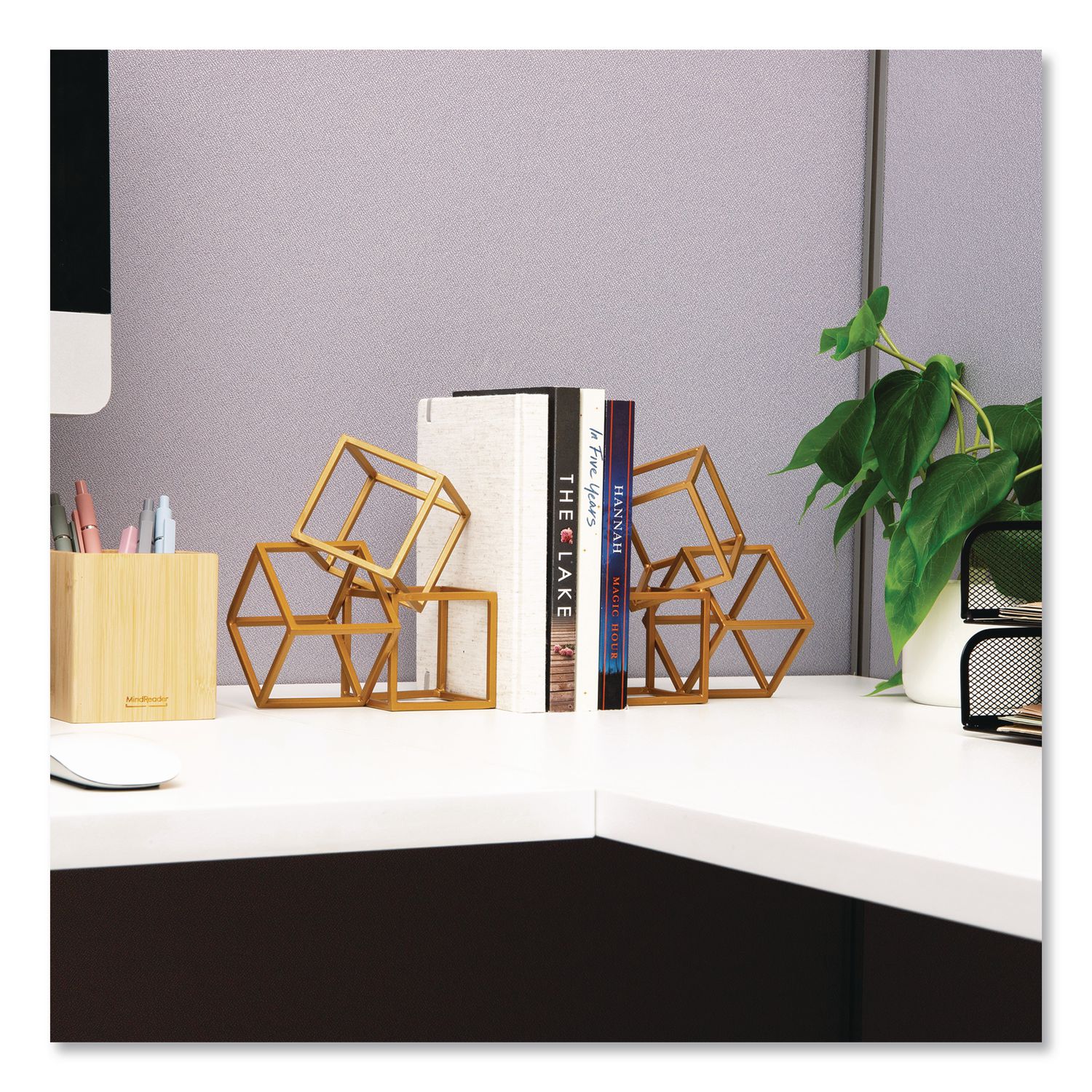 Geometric Cube Metal Bookends, Nonskid Base, 4.25 X 6 X 6, Iron, Gold
