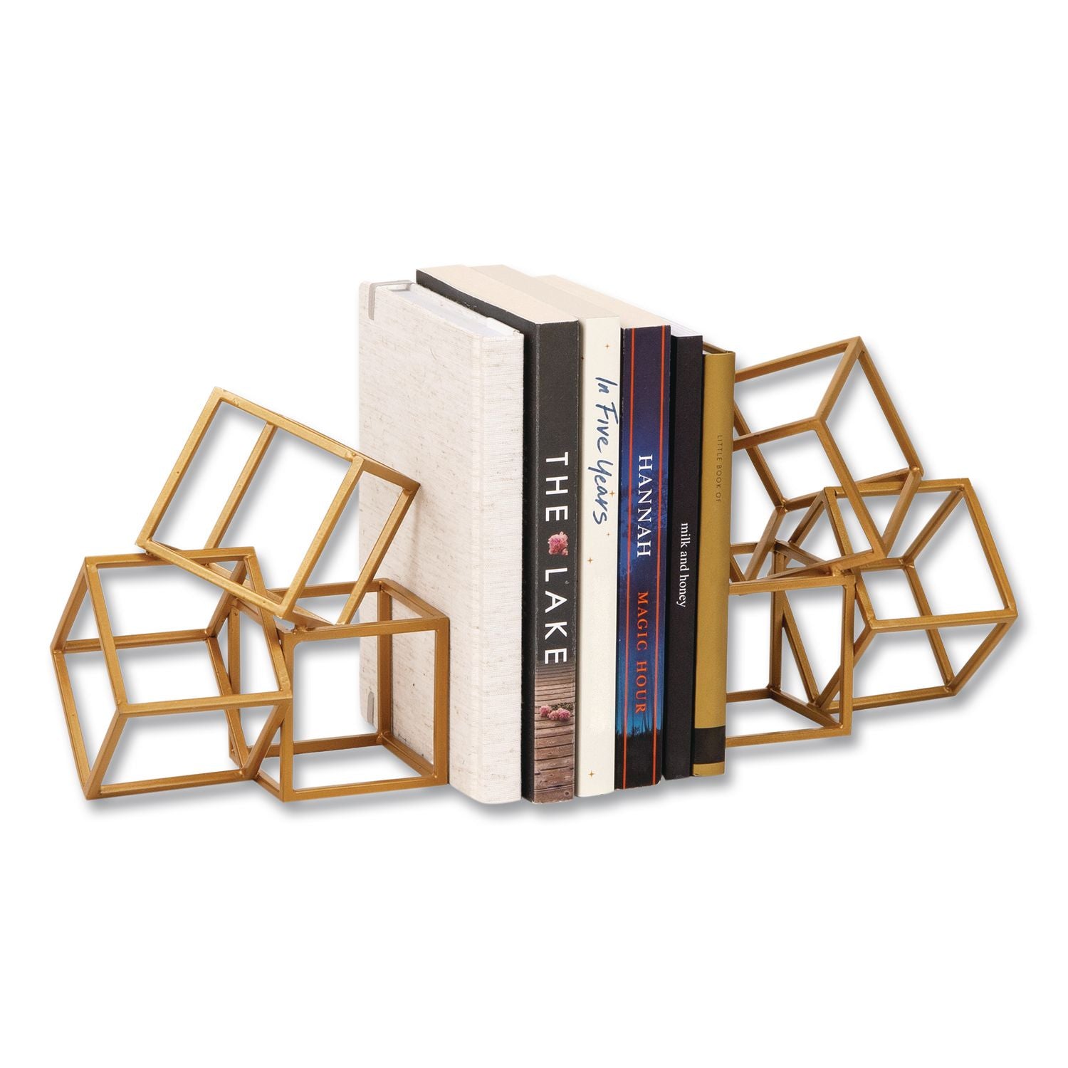 Geometric Cube Metal Bookends, Nonskid Base, 4.25 X 6 X 6, Iron, Gold