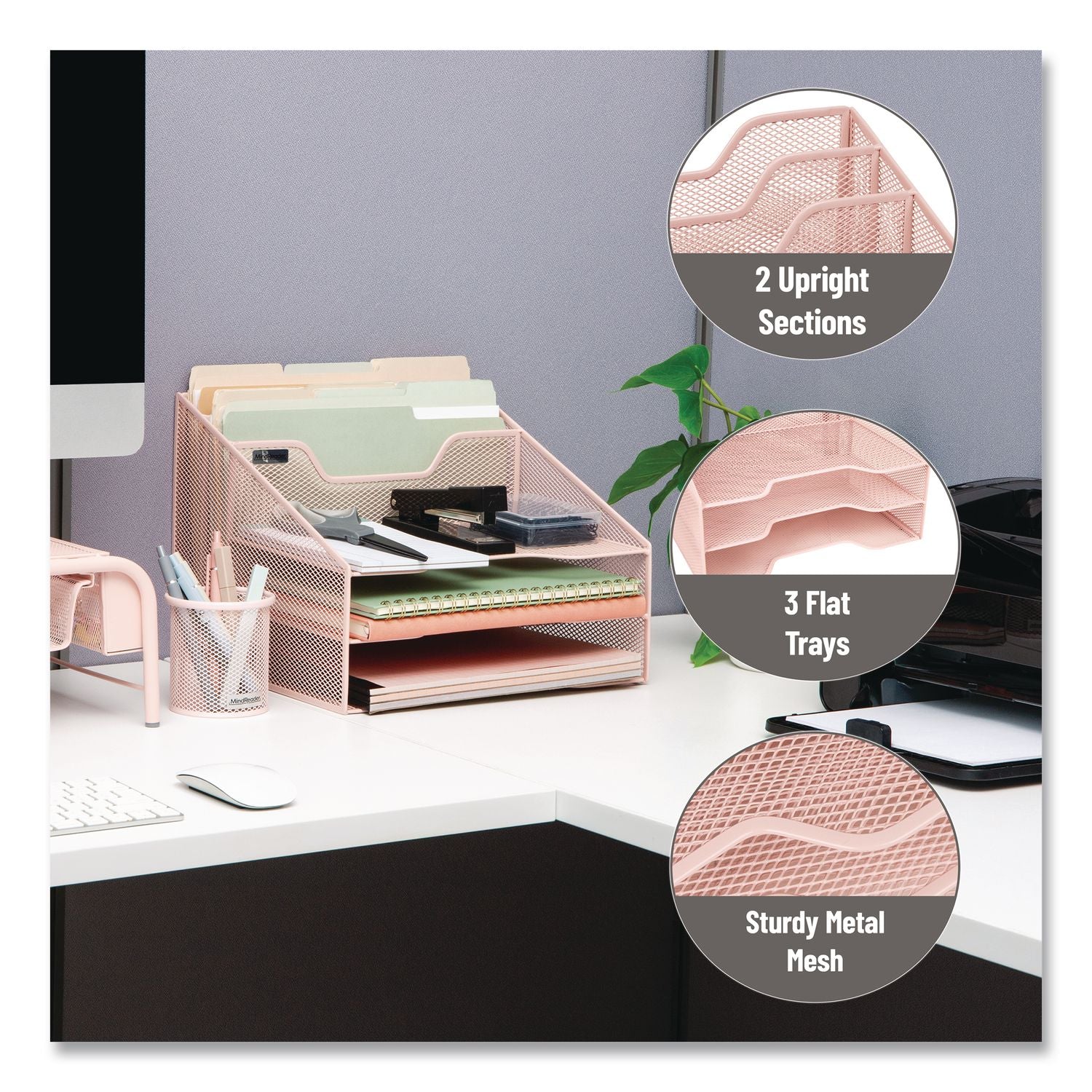 Metal Desk Organizer Letter Tray, 5 Sections, Letter Size, 11.5 X 12.5 X 9.5, Pink