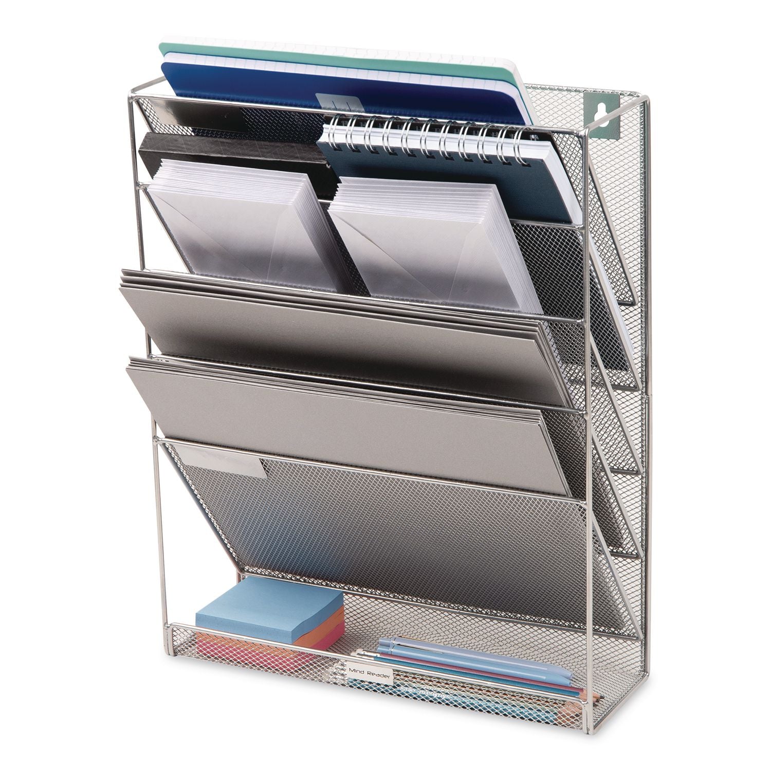 5-Pocket Metal Mesh Mountable Wall File, 5 Sections, Letter Size, 12.75 X 4 X 16, Silver