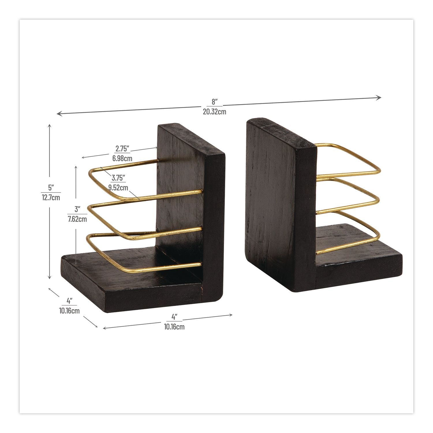 Wood Decorative Basket Bookends, Nonslip Base, 4 X 4 X 5, Wood/Metal, Brown/Gold