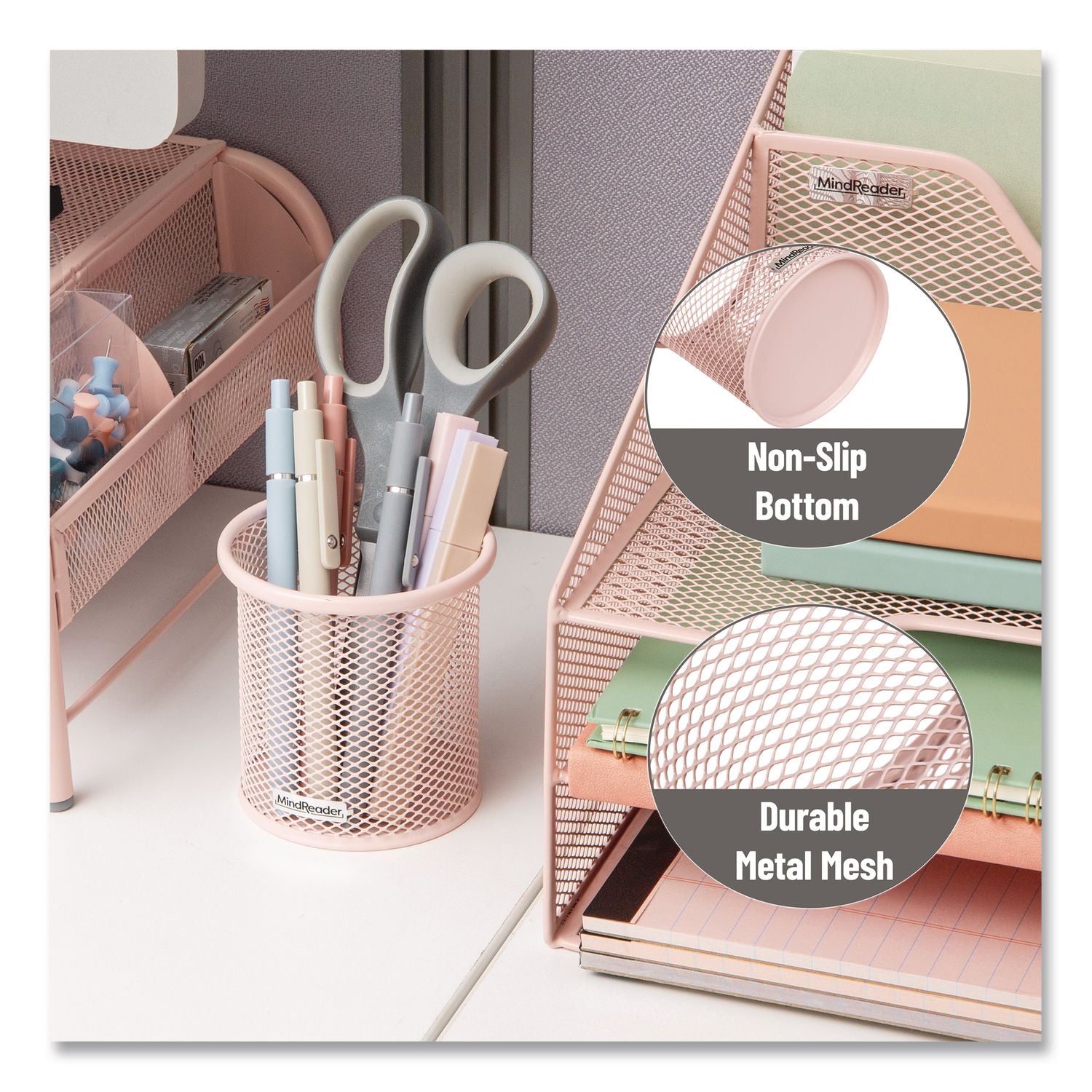 Metal Pen Holder, 3.5" X 3.5" X 3.75", Pink, 3 Pieces/Set