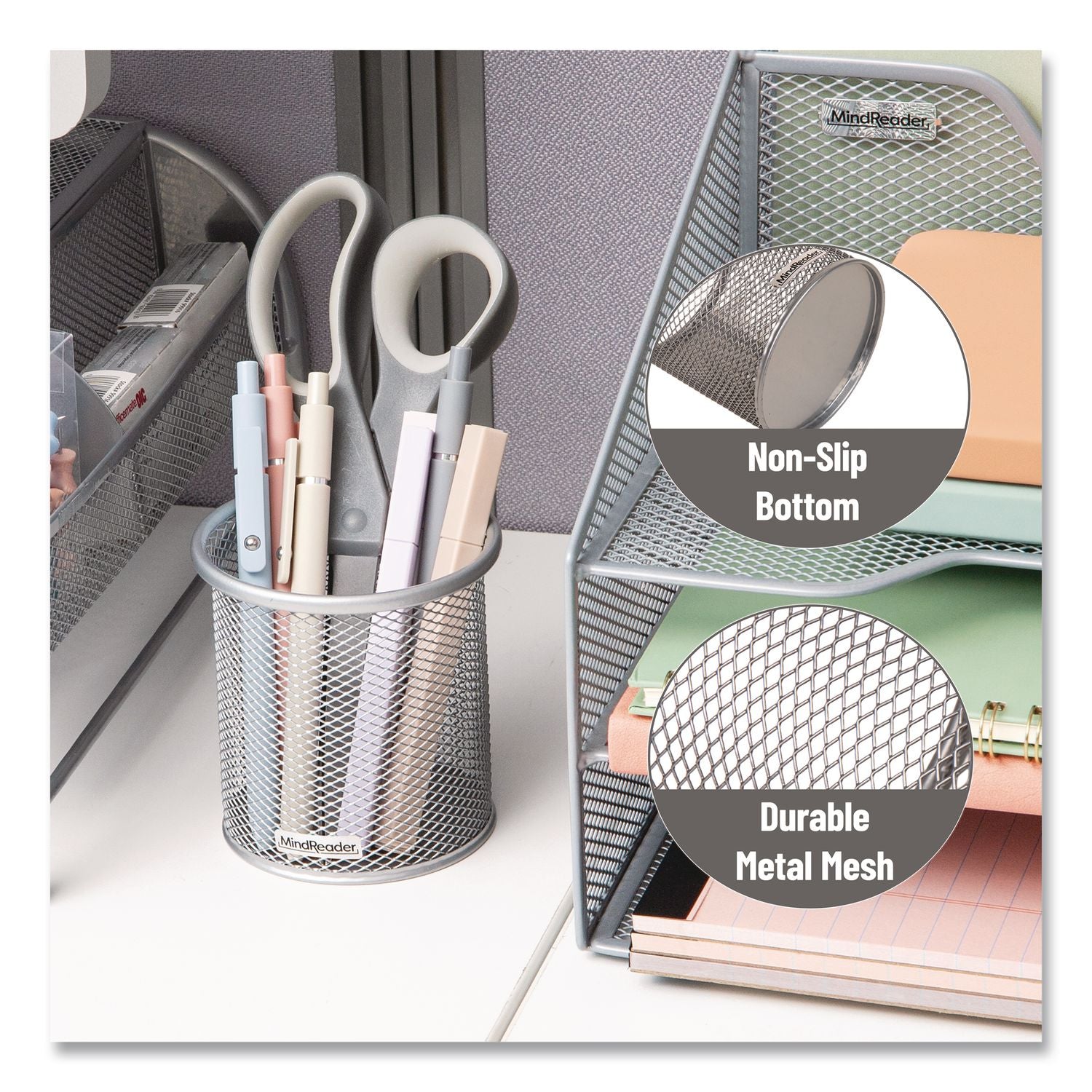 Metal Pen Holder, 3.5" X 3.5" X 3.75", Silver, 3 Pieces/Set