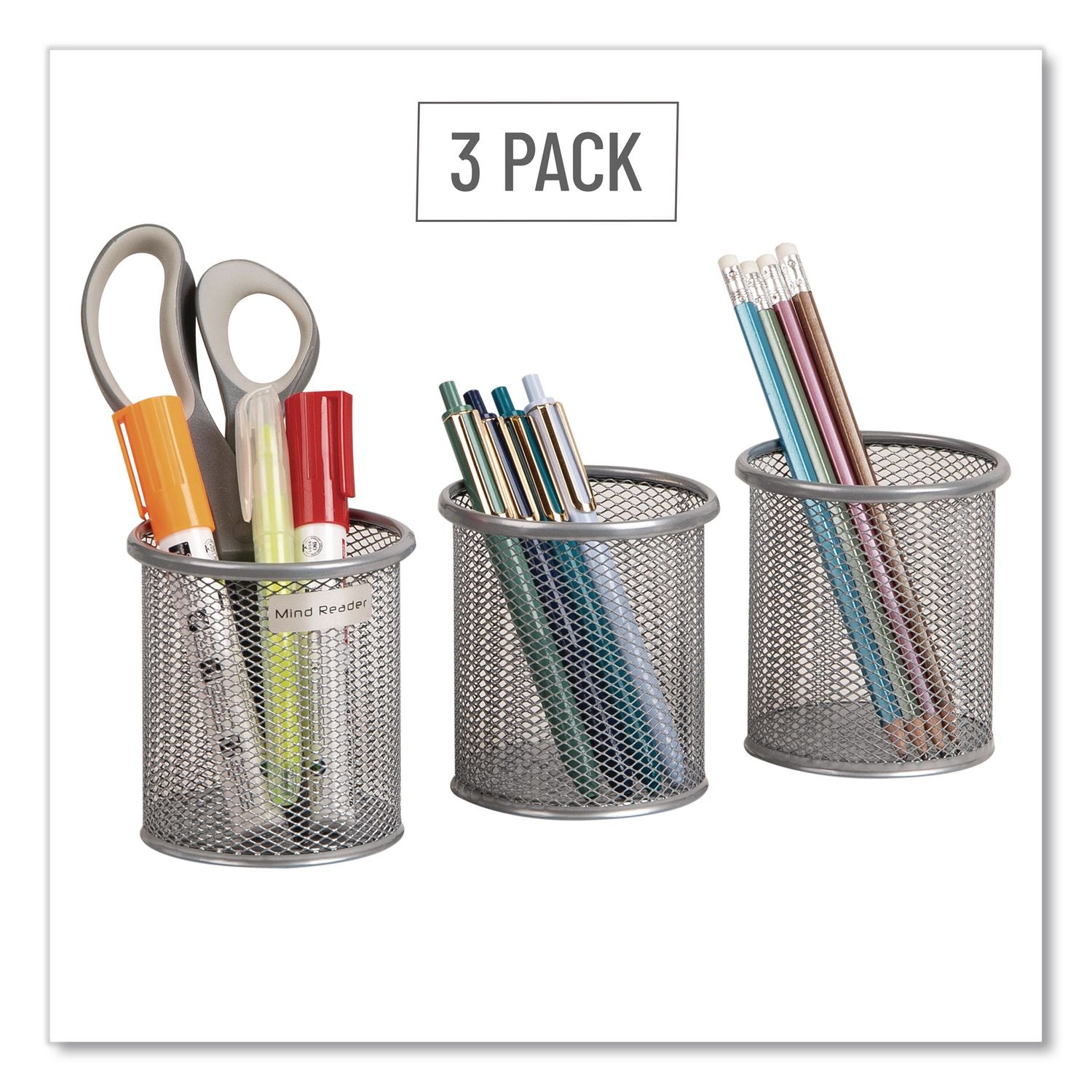 Metal Pen Holder, 3.5" X 3.5" X 3.75", Silver, 3 Pieces/Set
