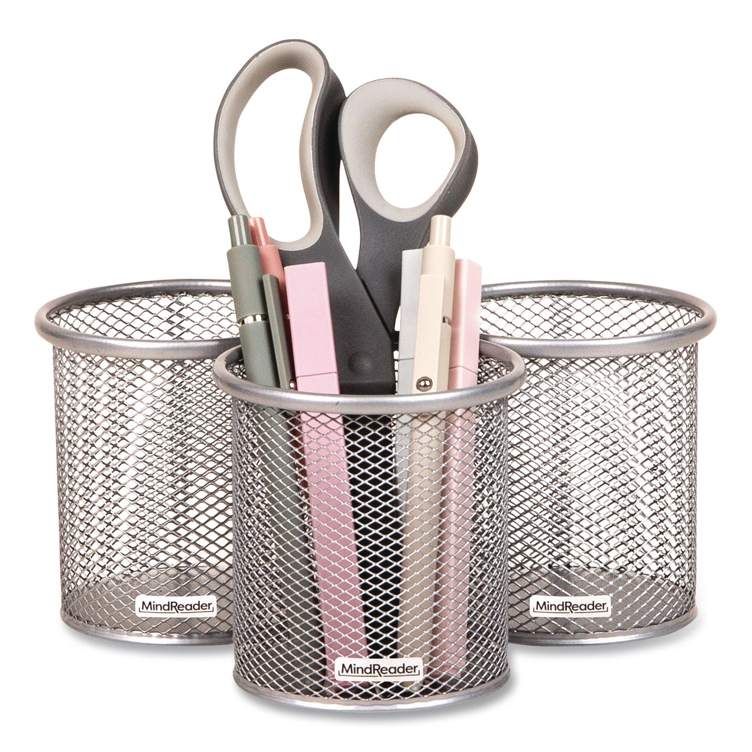 Metal Pen Holder, 3.5" X 3.5" X 3.75", Silver, 3 Pieces/Set