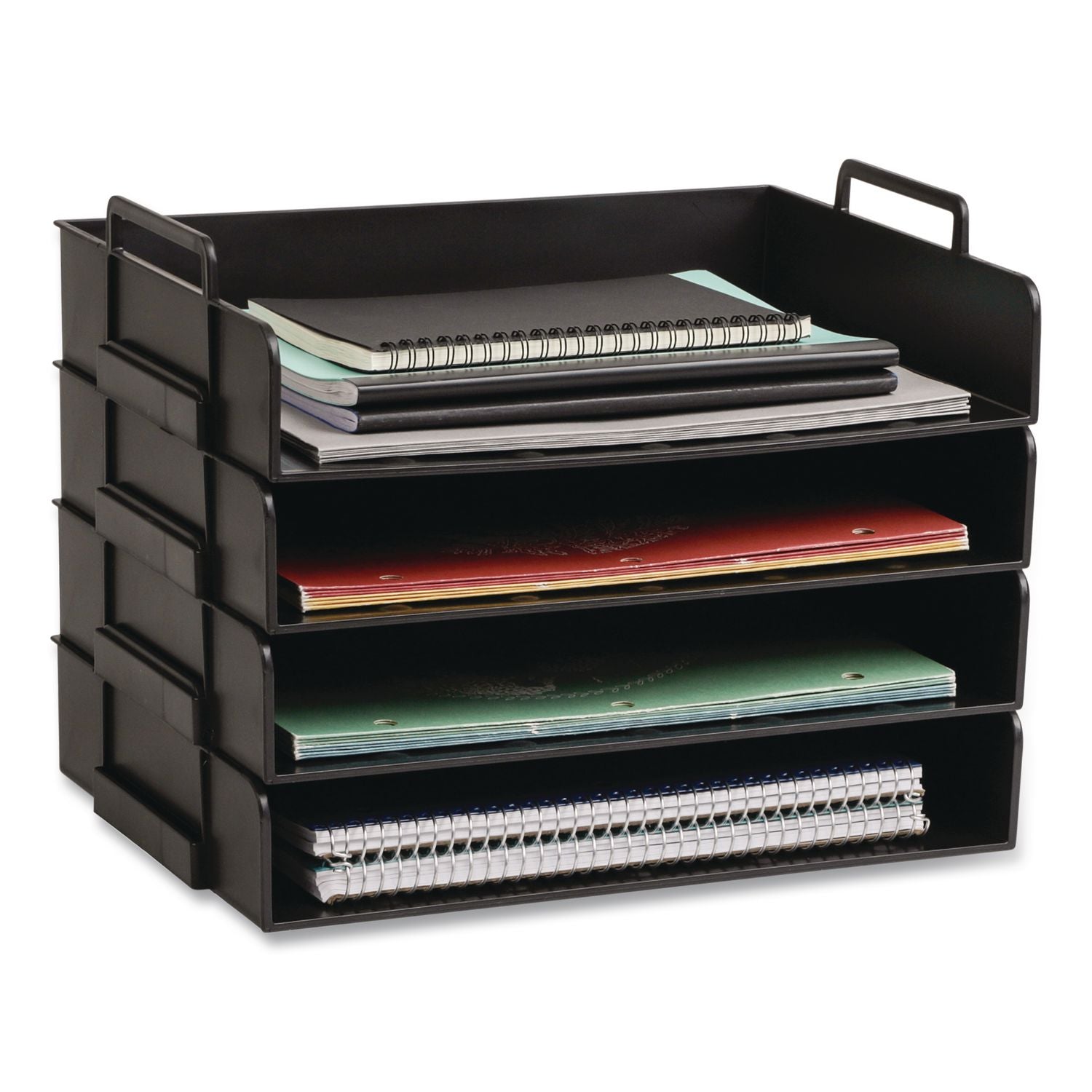 Stackable Plastic Desk Tray, 4 Sections, Letter Size, 13.75 X 10 X 10.75, Black