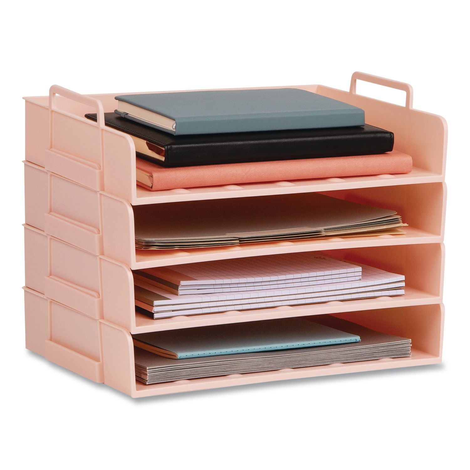 Stackable Plastic Desk Tray, 4 Sections, Letter Size, 13.75 X 10 X 10.75, Pink