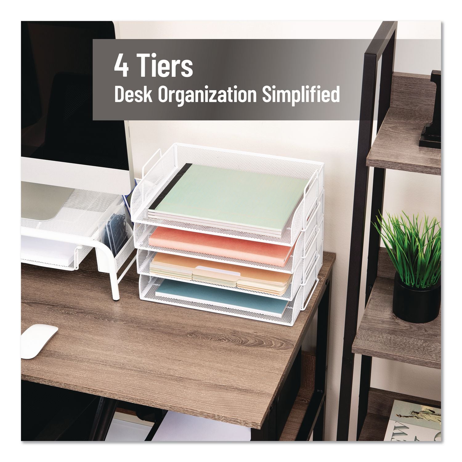 Metal Mesh Stackable Letter Tray, 4 Sections, Letter Size, 13.25 X 9.75 X 11.5, White