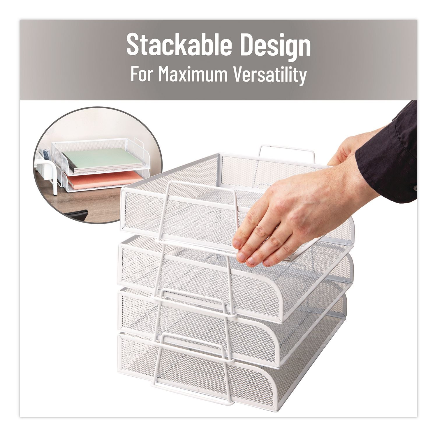 Metal Mesh Stackable Letter Tray, 4 Sections, Letter Size, 13.25 X 9.75 X 11.5, White