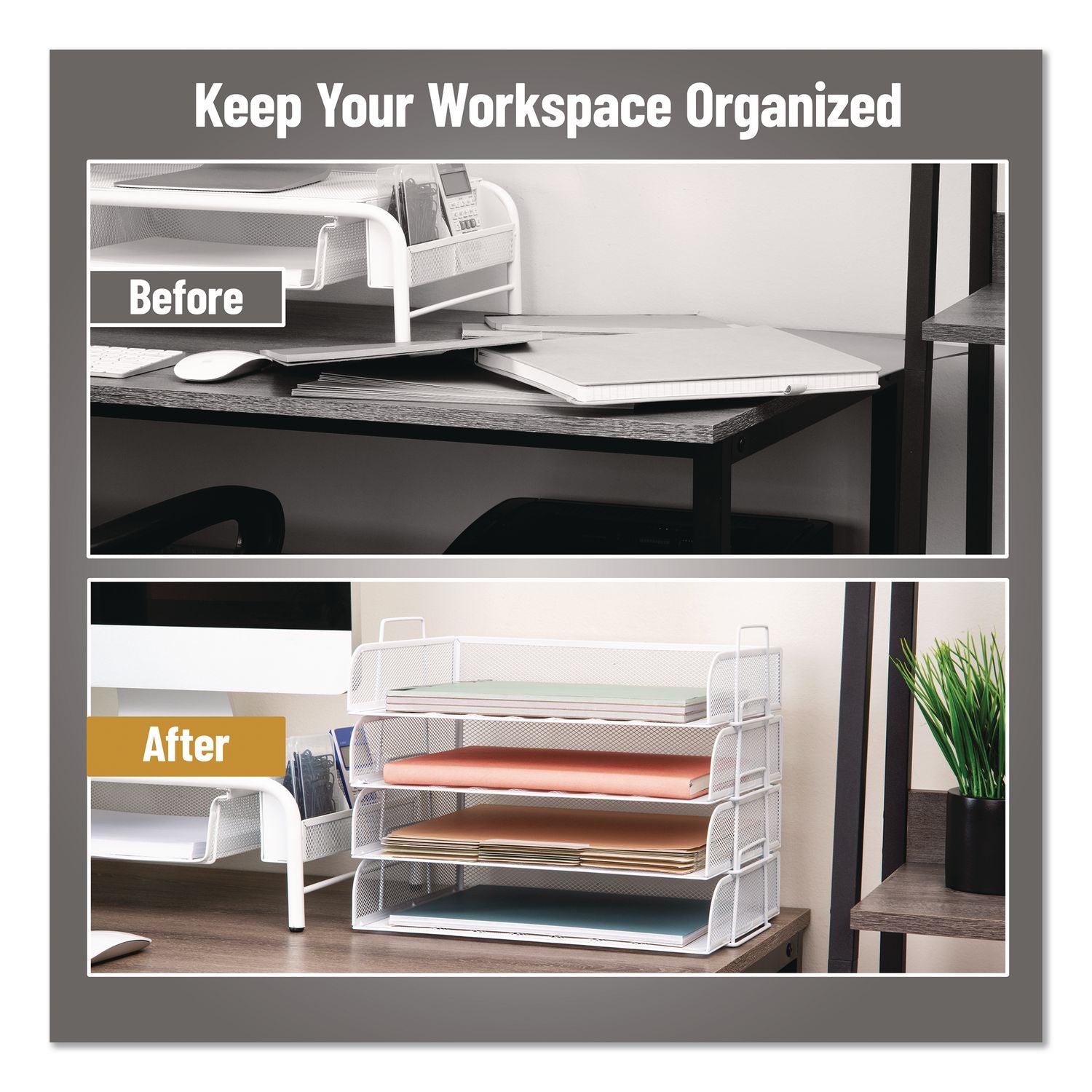 Metal Mesh Stackable Letter Tray, 4 Sections, Letter Size, 13.25 X 9.75 X 11.5, White