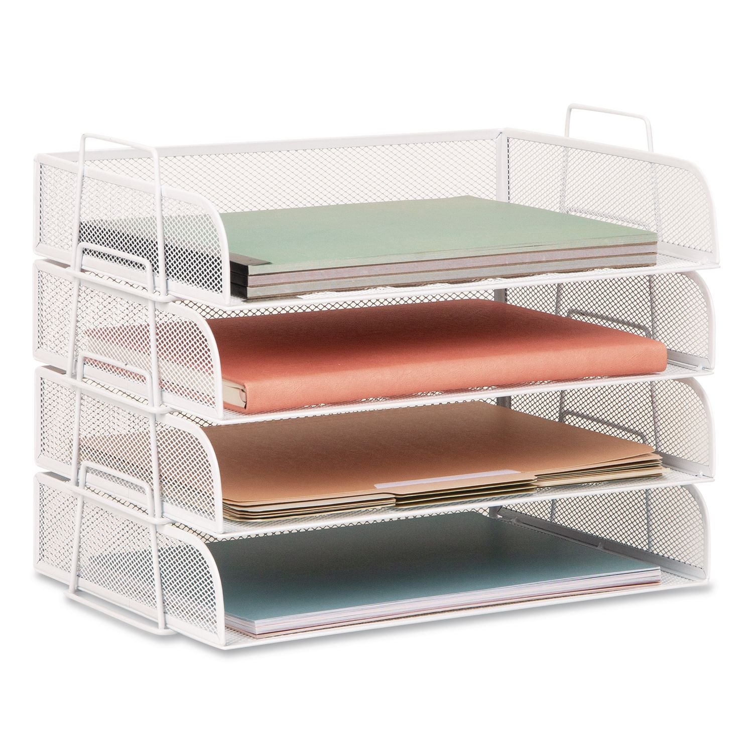 Metal Mesh Stackable Letter Tray, 4 Sections, Letter Size, 13.25 X 9.75 X 11.5, White