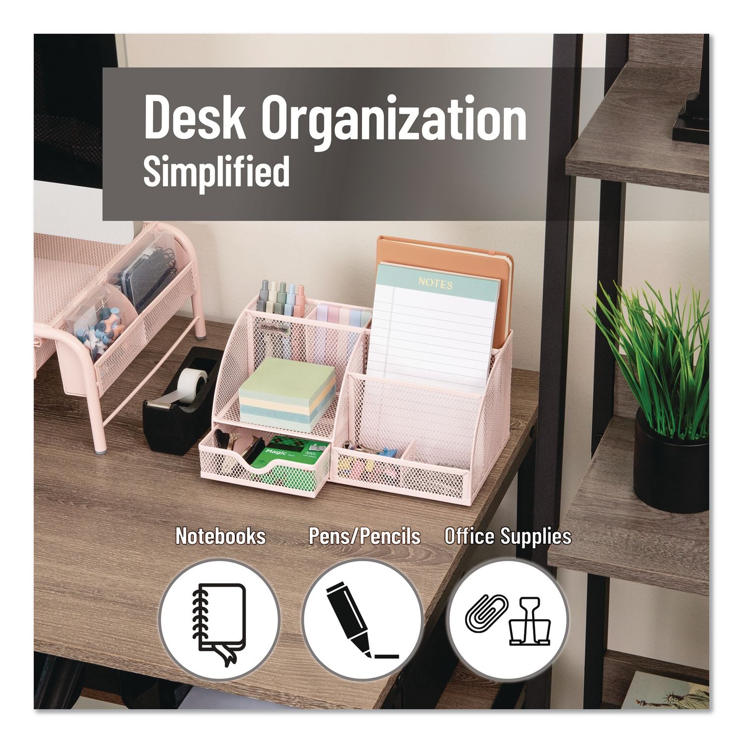 7-Compartment Metal Desk Organizer, 11 X 5.5 X 5, Pink Metal Mesh
