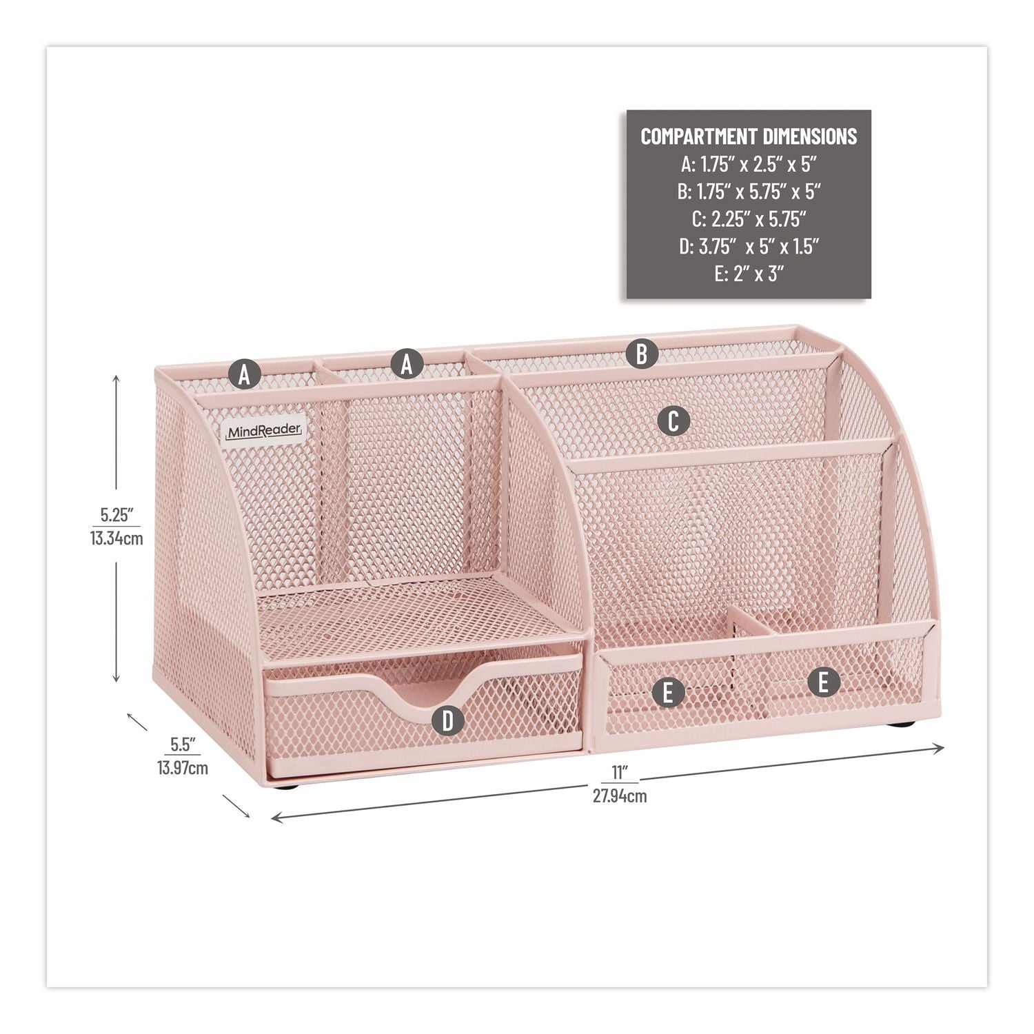 7-Compartment Metal Desk Organizer, 11 X 5.5 X 5, Pink Metal Mesh